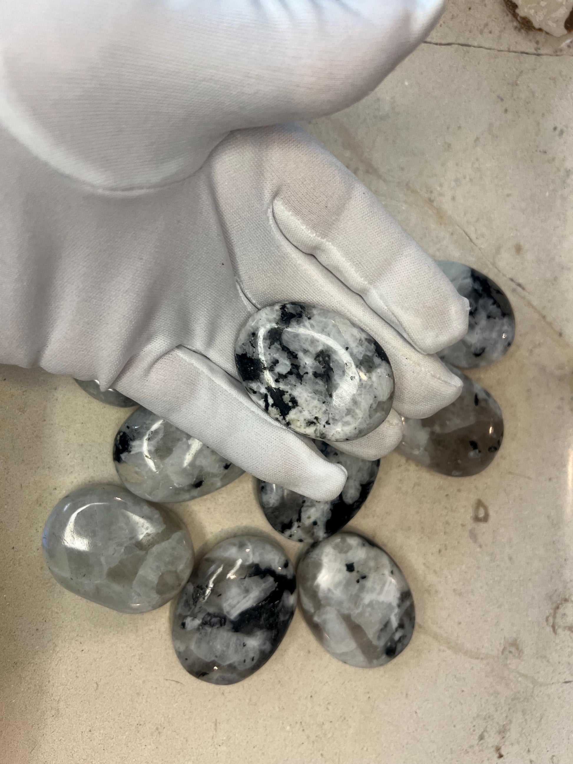 Indian Medium White Moonstone Palm Stone Smooth Polished Carved Crystal for Distraction from Anxiety or Worry Home Decor Holiday Xmas Decor