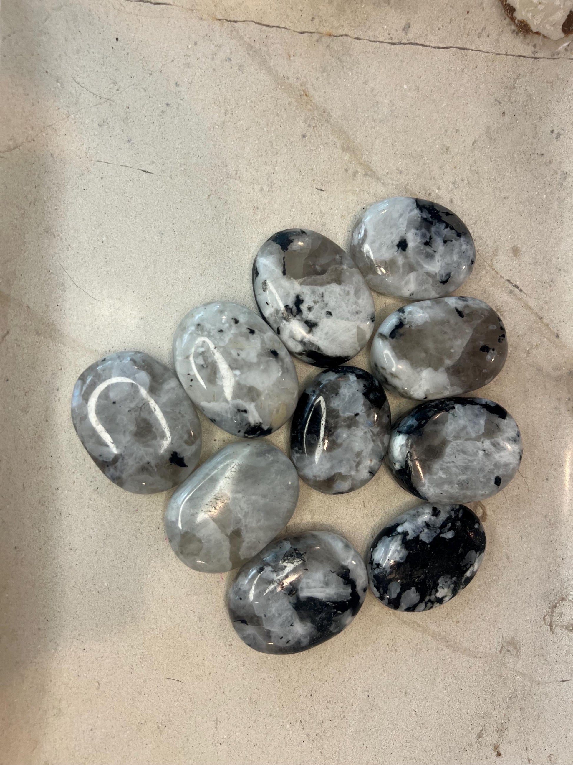 Indian Medium White Moonstone Palm Stone Smooth Polished Carved Crystal for Distraction from Anxiety or Worry Home Decor Holiday Xmas Decor