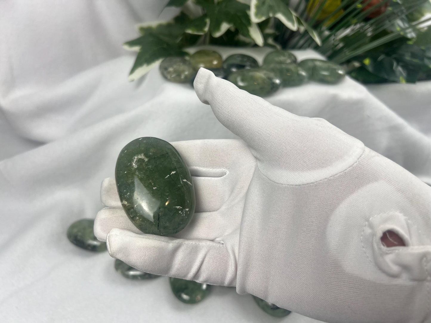 Himalayan Epidote in Prehnite Polished Crystal Palm Stones Anxiety Stress Worry Relief Gift Home Decor Birthday Christmas Xmas Meditation