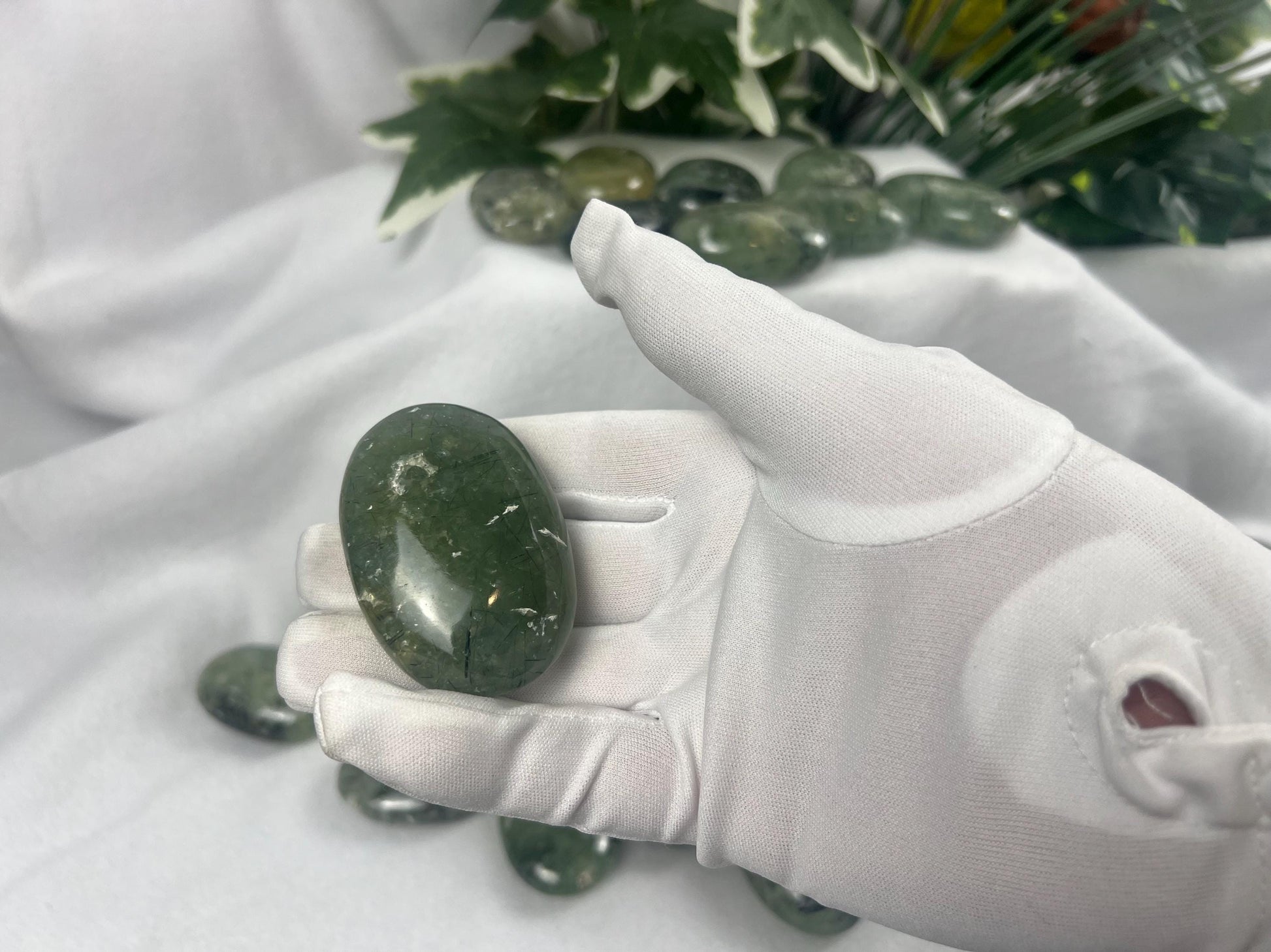 Himalayan Epidote in Prehnite Polished Crystal Palm Stones Anxiety Stress Worry Relief Gift Home Decor Birthday Christmas Xmas Meditation