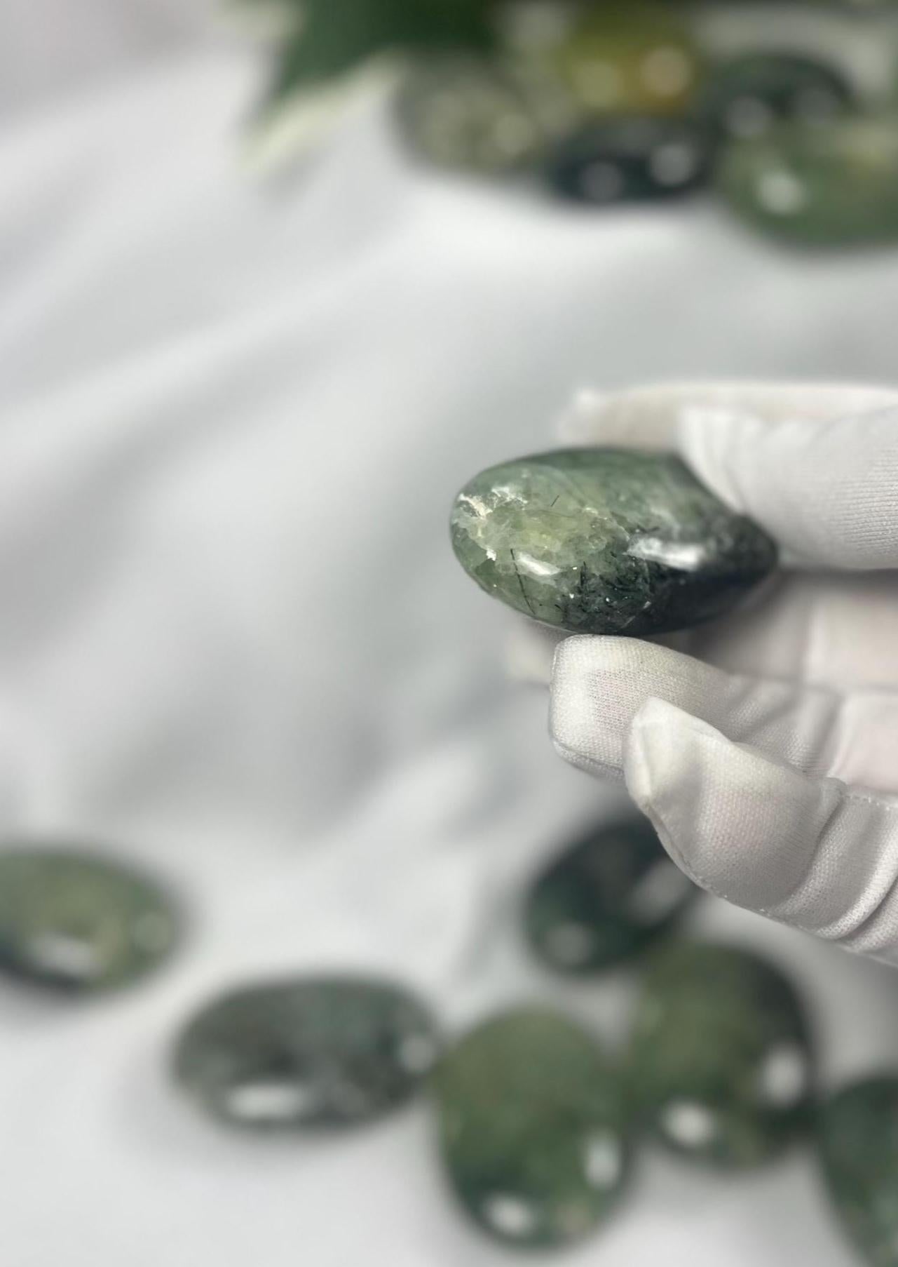 Himalayan Epidote in Prehnite Polished Crystal Palm Stones Anxiety Stress Worry Relief Gift Home Decor Birthday Christmas Xmas Meditation