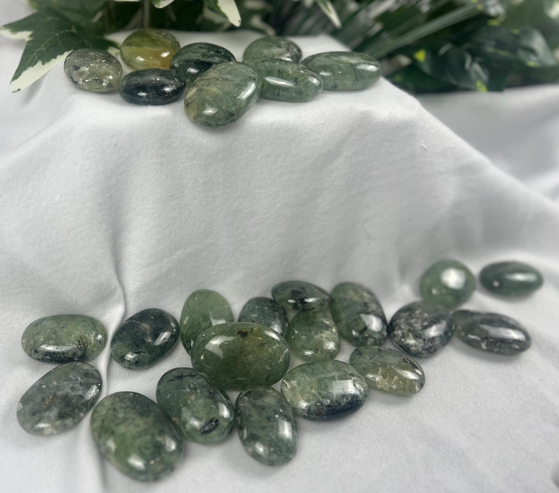 Himalayan Epidote in Prehnite Polished Crystal Palm Stones Anxiety Stress Worry Relief Gift Home Decor Birthday Christmas Xmas Meditation
