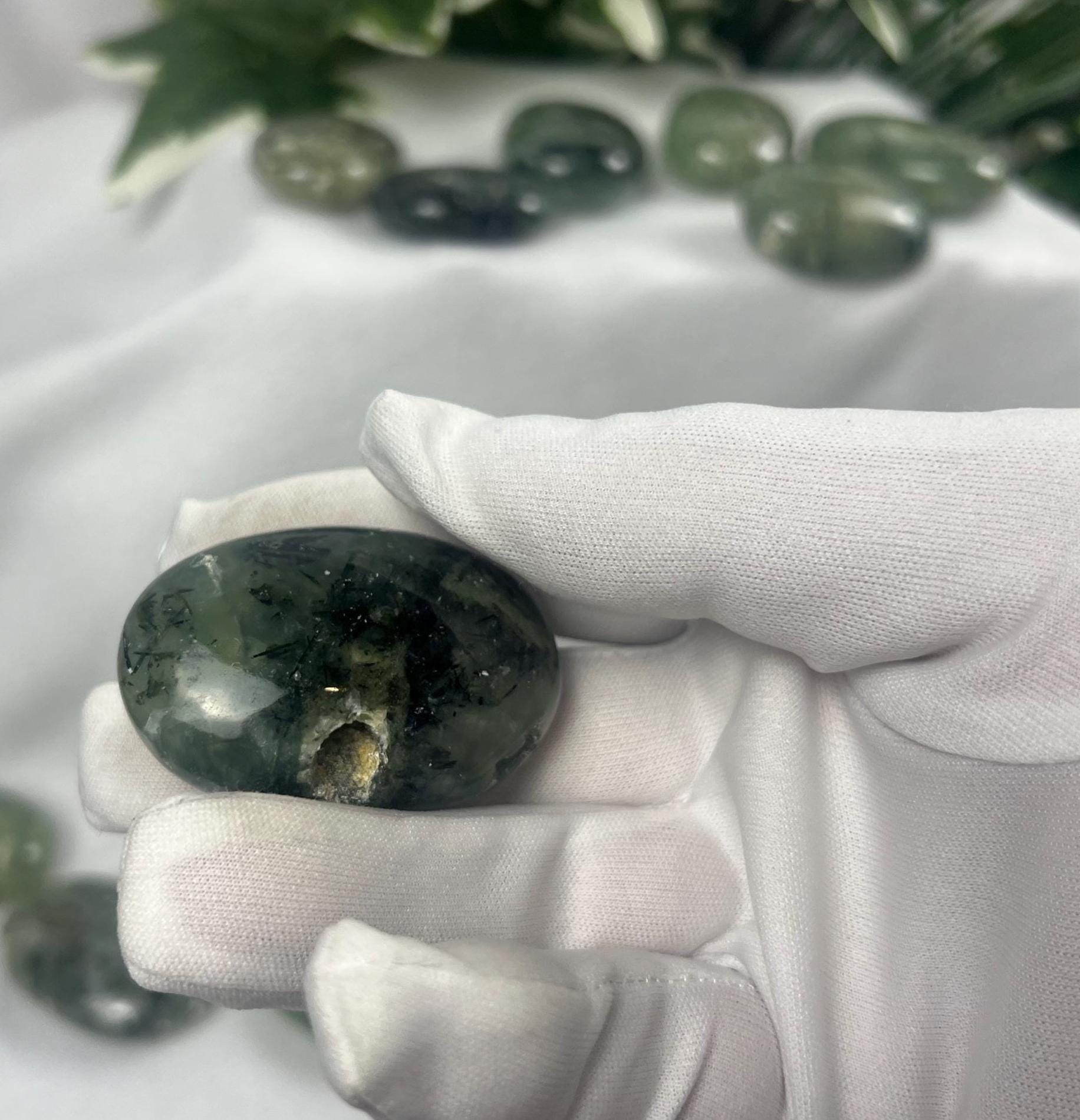 Himalayan Epidote in Prehnite Polished Crystal Palm Stones Anxiety Stress Worry Relief Gift Home Decor Birthday Christmas Xmas Meditation