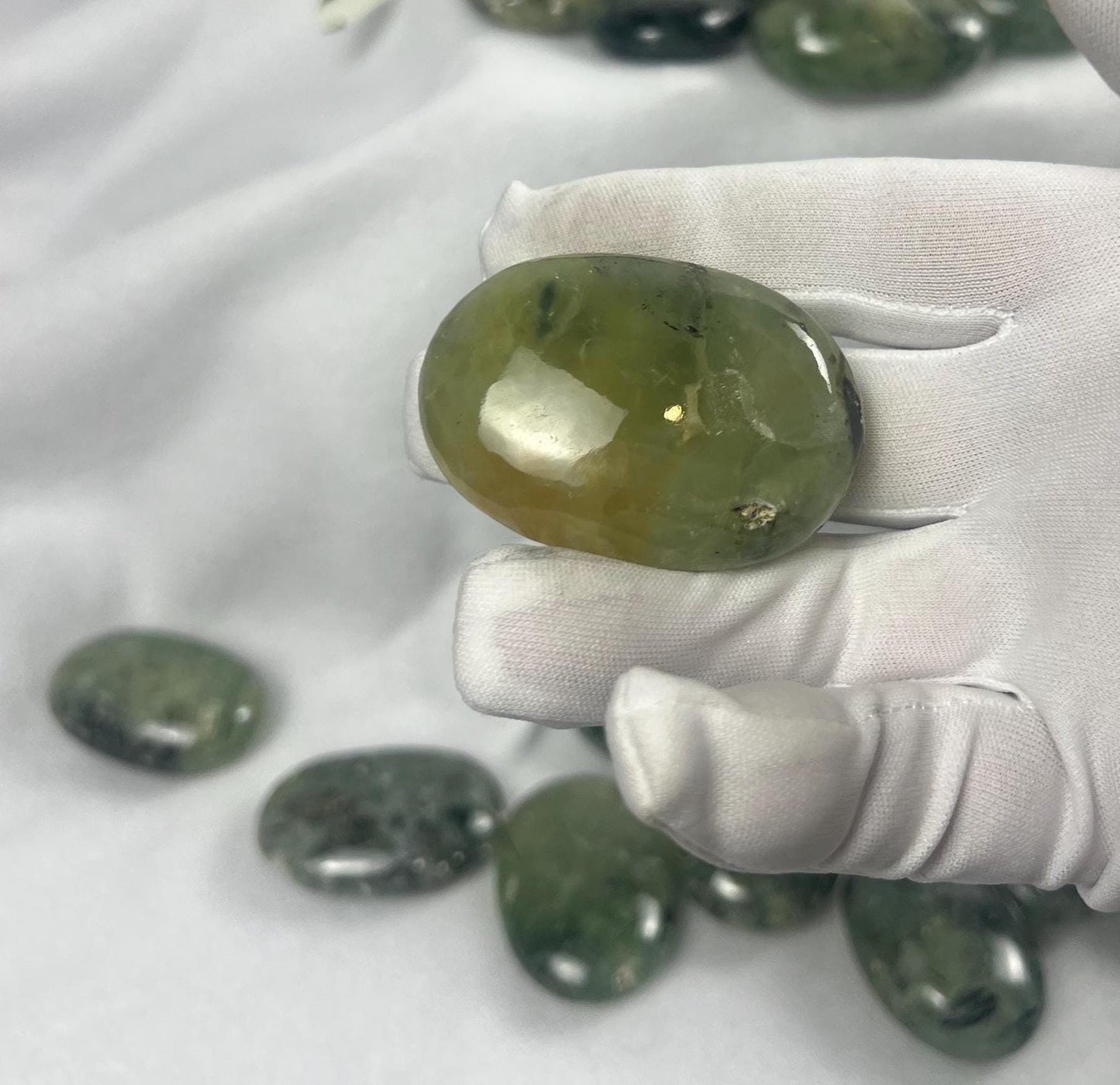 Himalayan Epidote in Prehnite Polished Crystal Palm Stones Anxiety Stress Worry Relief Gift Home Decor Birthday Christmas Xmas Meditation