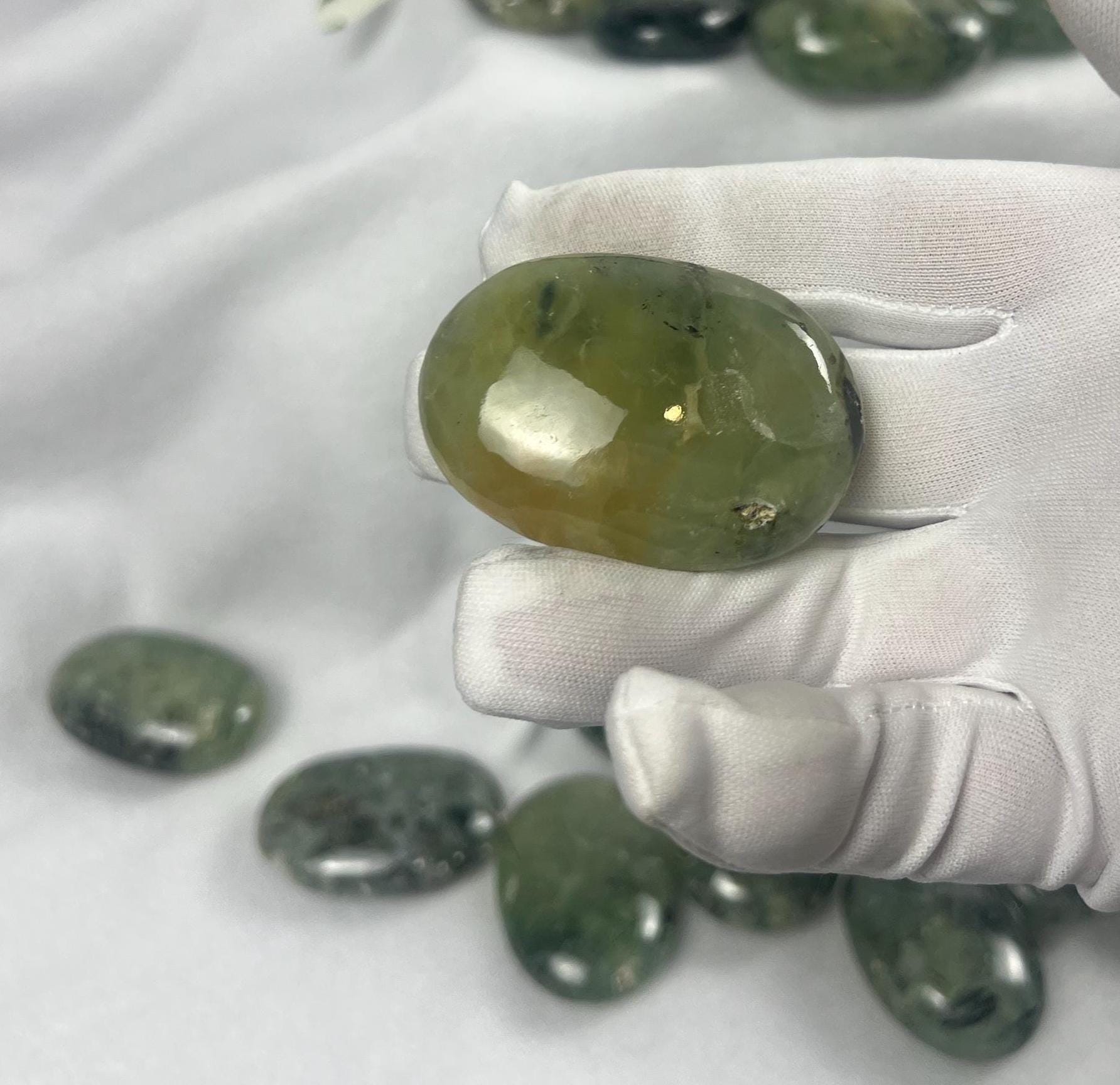 Himalayan Epidote in Prehnite Polished Crystal Palm Stones Anxiety Stress Worry Relief Gift Home Decor Birthday Christmas Xmas Meditation