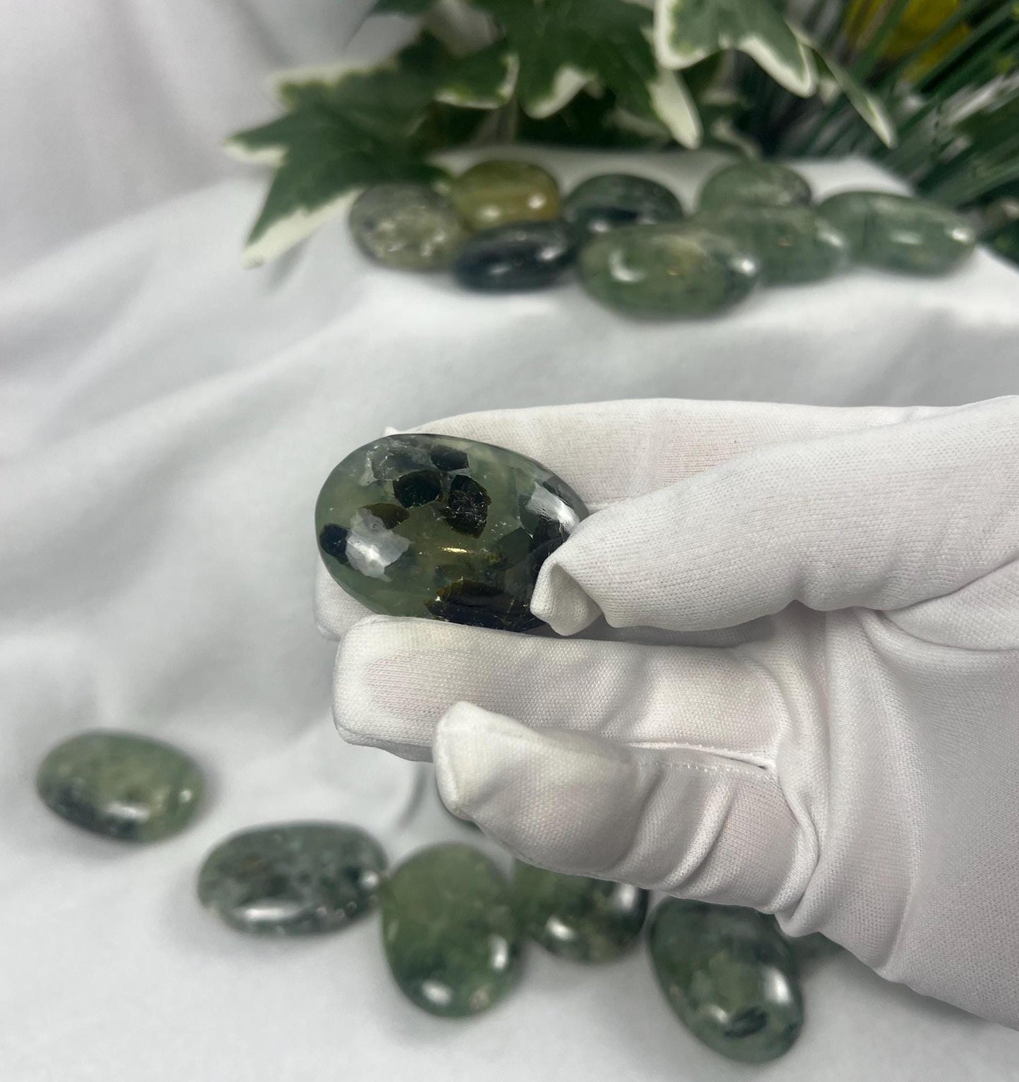 Himalayan Epidote in Prehnite Polished Crystal Palm Stones Anxiety Stress Worry Relief Gift Home Decor Birthday Christmas Xmas Meditation