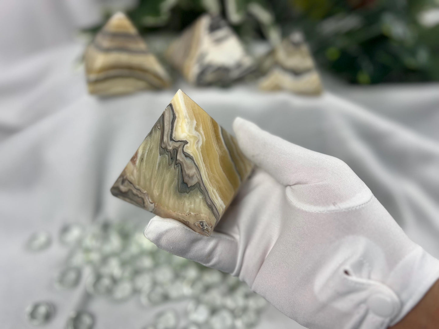 Striking Indian Zebra Calcite Natural Pyramid Smooth Polished Carved Crystal Worry Anxiety Distraction Meditation Christmas Xmas Gift Decor