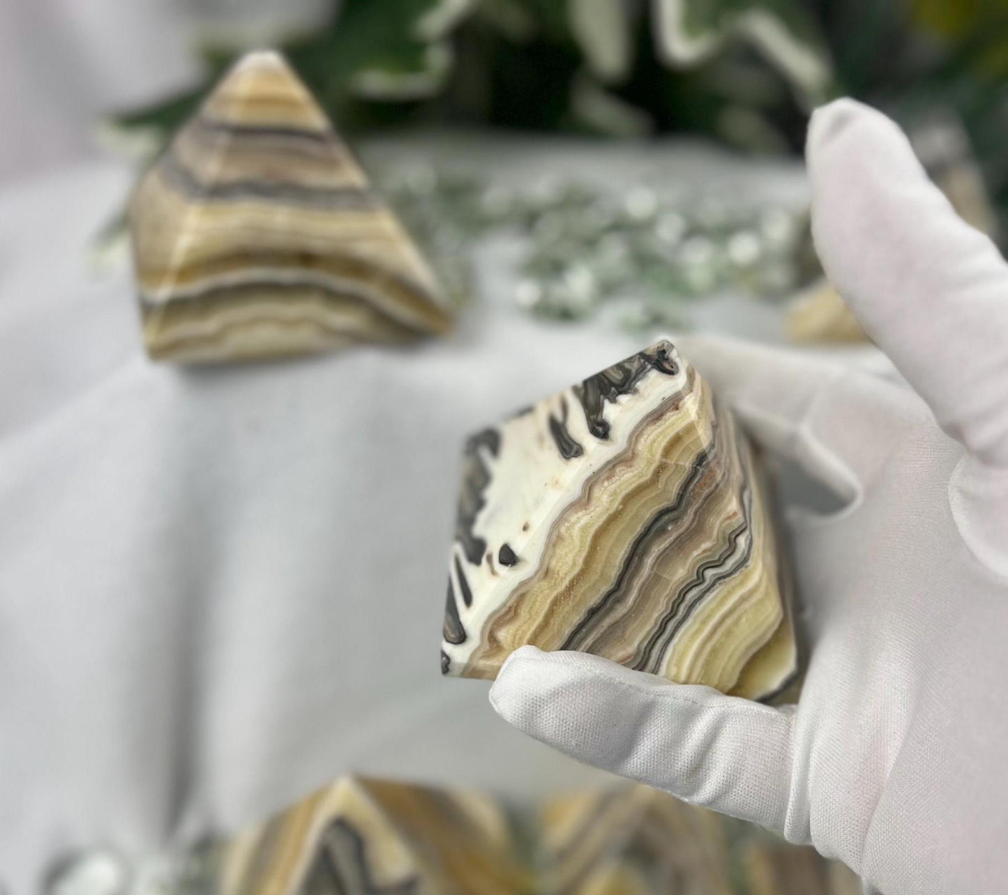 Striking Indian Zebra Calcite Natural Pyramid Smooth Polished Carved Crystal Worry Anxiety Distraction Meditation Christmas Xmas Gift Decor