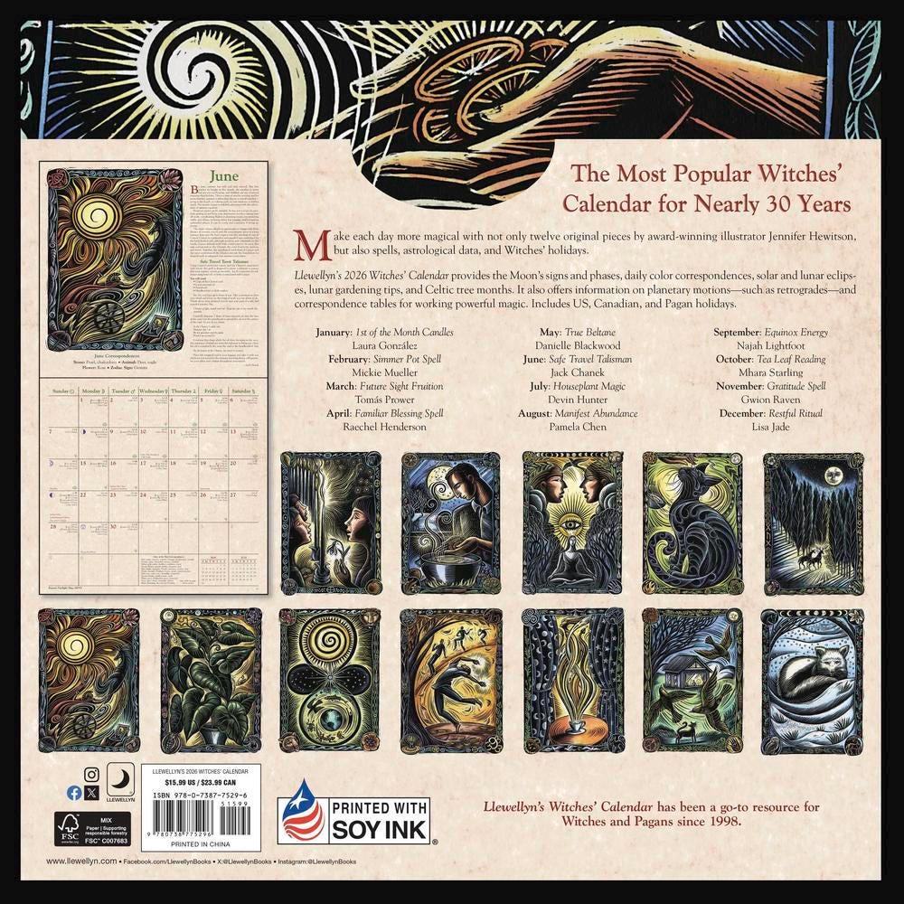 Witches Calendar Sept 25-Dec 2026 Llewelyn Wellness Green Spiritual Witchcraft spells Art Painting Picture Craft Holiday Christmas Xmas Gift