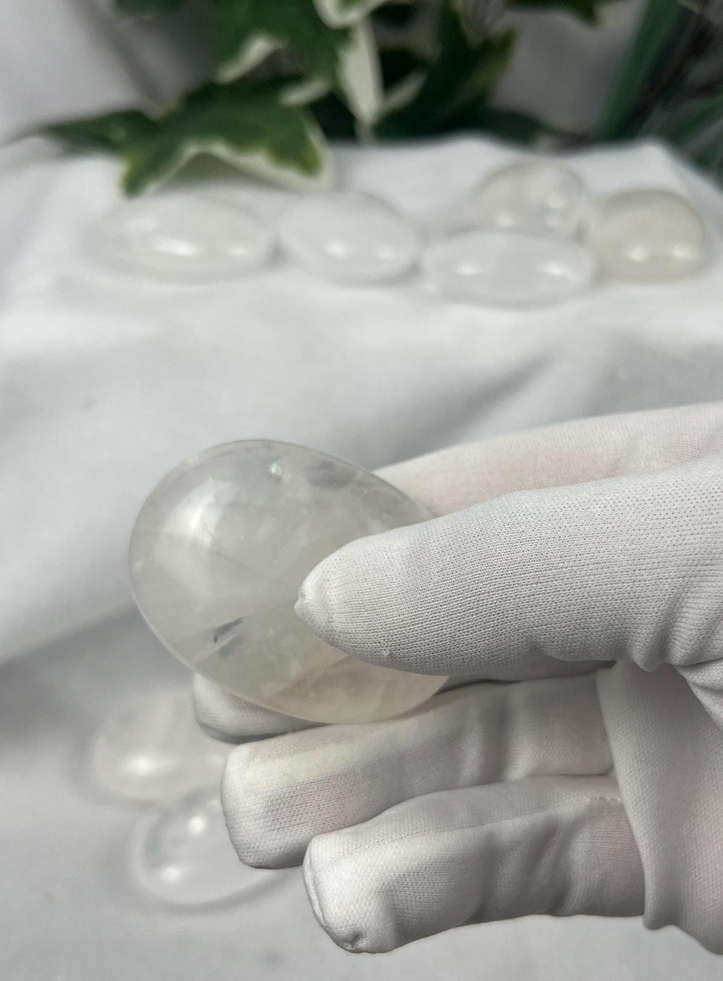 Indian Clear Quartz Natural Palm Stone Smooth Polished Carved Crystal for Distraction Worry Anxiety Home Decor Meditation Christmas Gift
