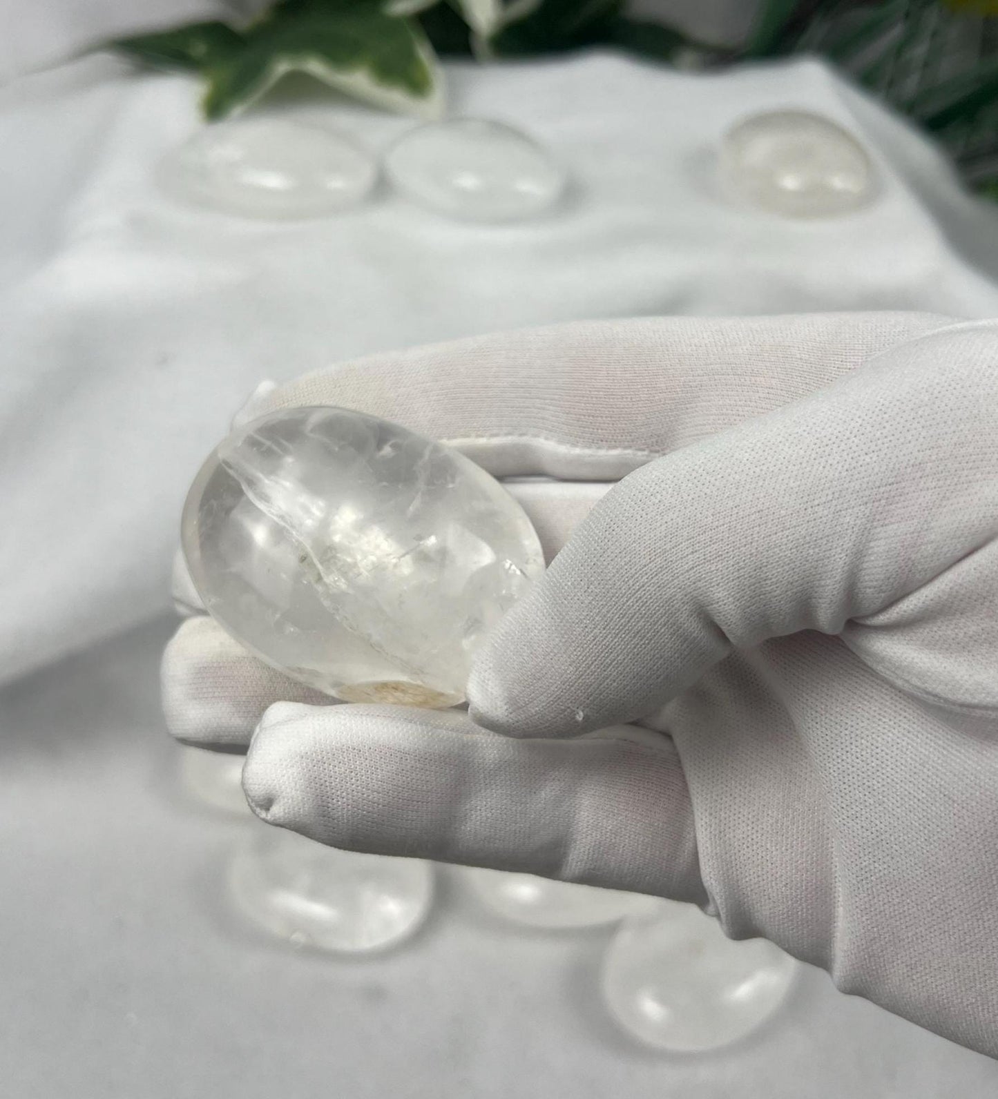 Indian Clear Quartz Natural Palm Stone Smooth Polished Carved Crystal for Distraction Worry Anxiety Home Decor Meditation Christmas Gift