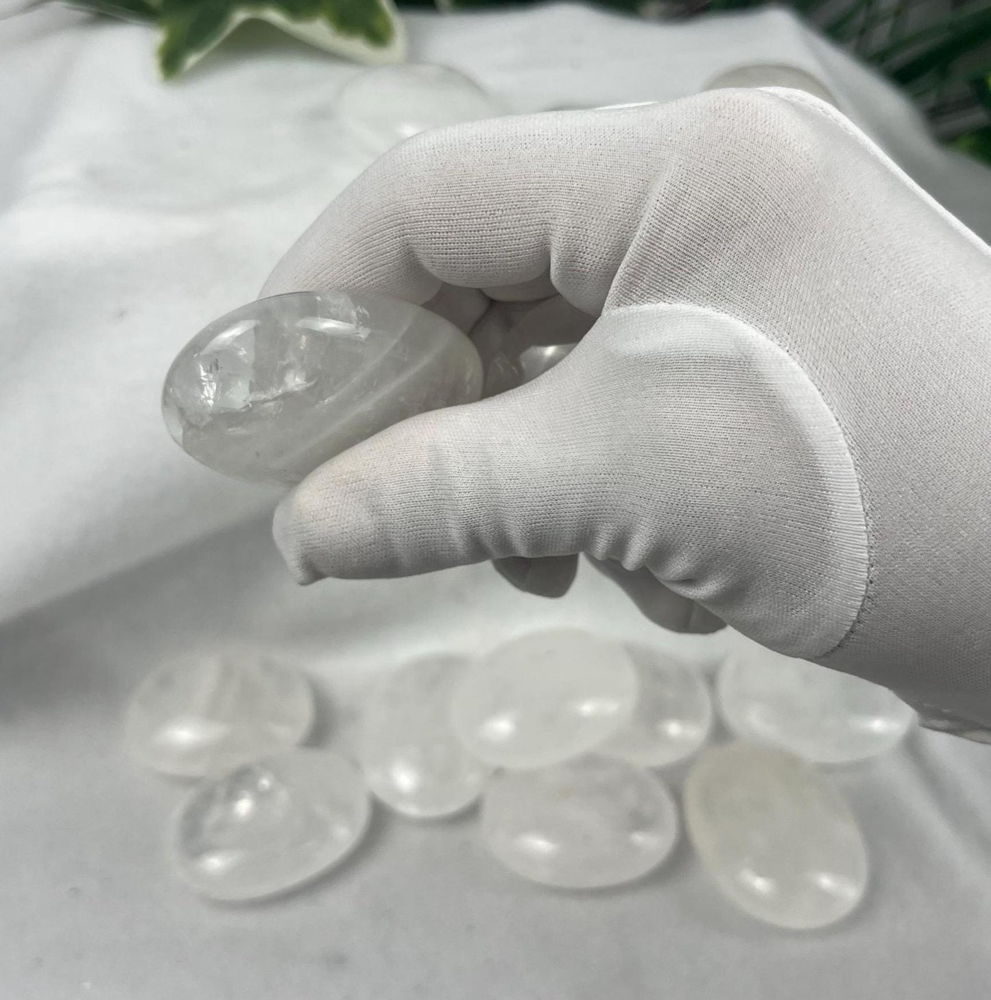 Indian Clear Quartz Natural Palm Stone Smooth Polished Carved Crystal for Distraction Worry Anxiety Home Decor Meditation Christmas Gift