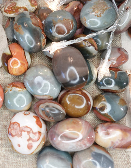 Polychrome Jasper Natural Palm Stone Smooth Polished Carved Crystal for Home Decor Christmas Xmas Gift Garden Calm Anxiety Meditation