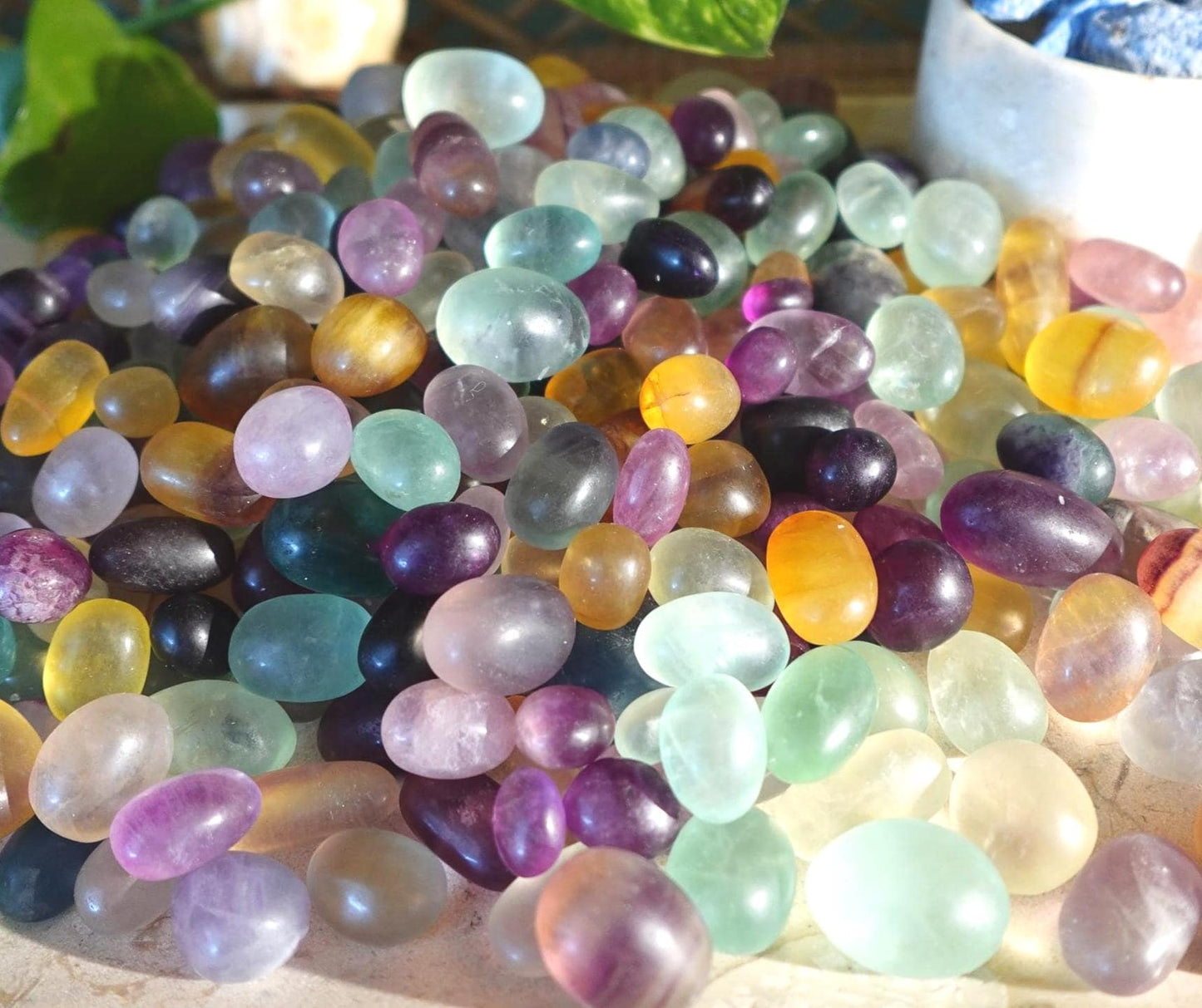 Rainbow and Candy Fluorite Natural Tumble Stones Smooth Polished Carved Crystal for Distraction Anxiety or Worry Home Decor Holiday Xmas