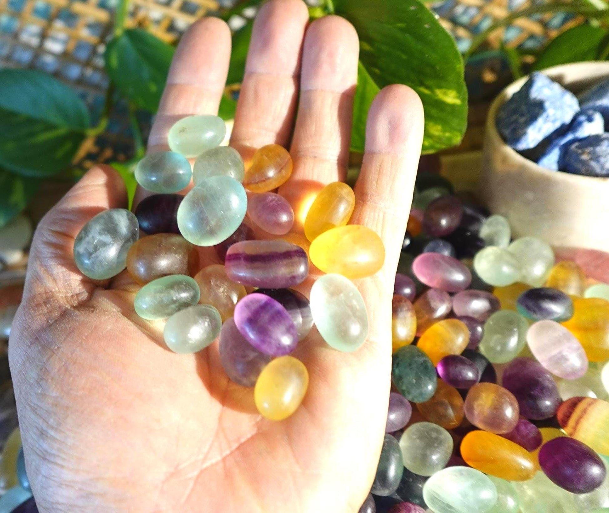 Rainbow and Candy Fluorite Natural Tumble Stones Smooth Polished Carved Crystal for Distraction Anxiety or Worry Home Decor Holiday Xmas
