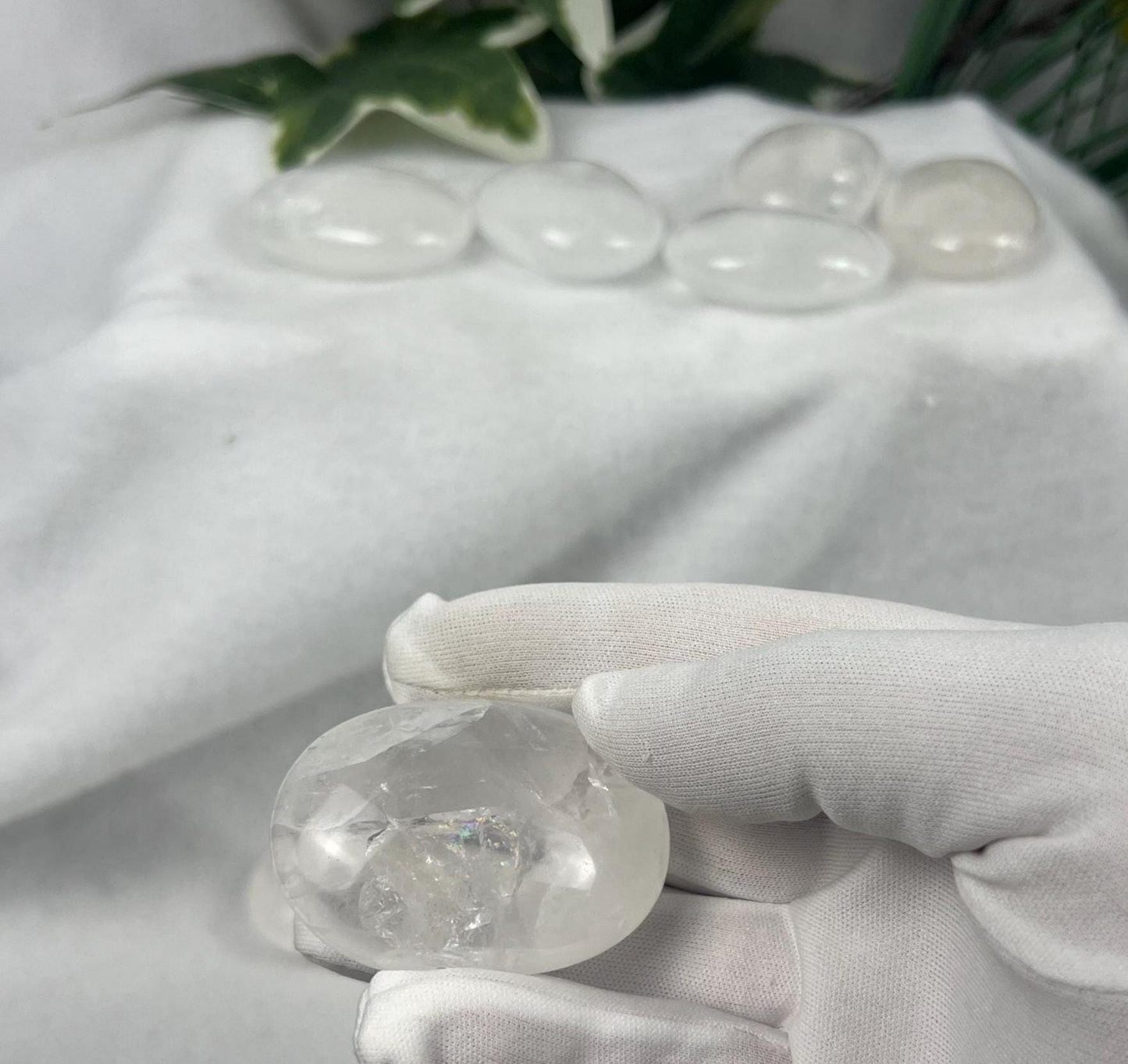 Indian Clear Quartz Natural Palm Stone Smooth Polished Carved Crystal for Distraction Worry Anxiety Home Decor Meditation Christmas Gift