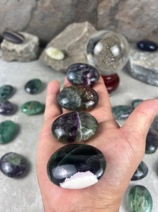 Rainbow Fluorite Palm Stone: Polished Crystal for Anxiety Relief