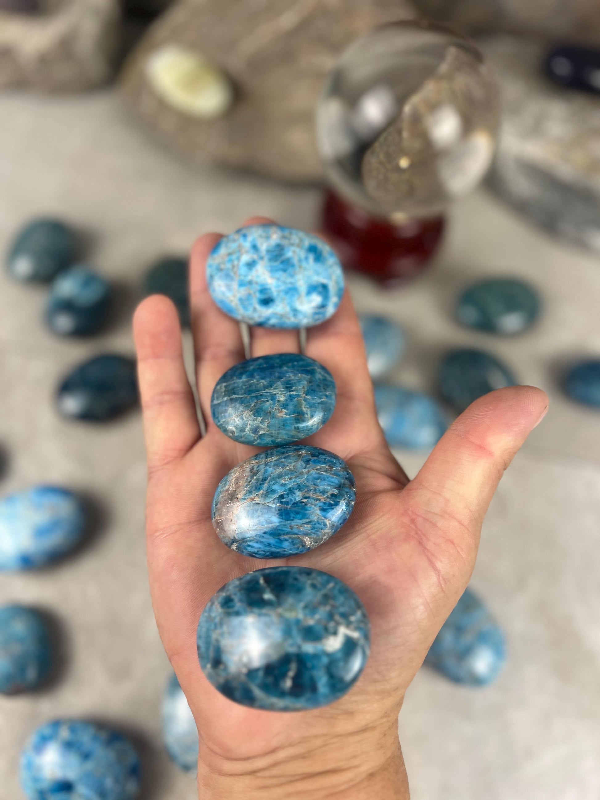 Antsirabe Madagascan Blue Apatite Palm Stone Polished Worry Stone, Pocket Crystal Christmas Birthday Gift Pocket Stone