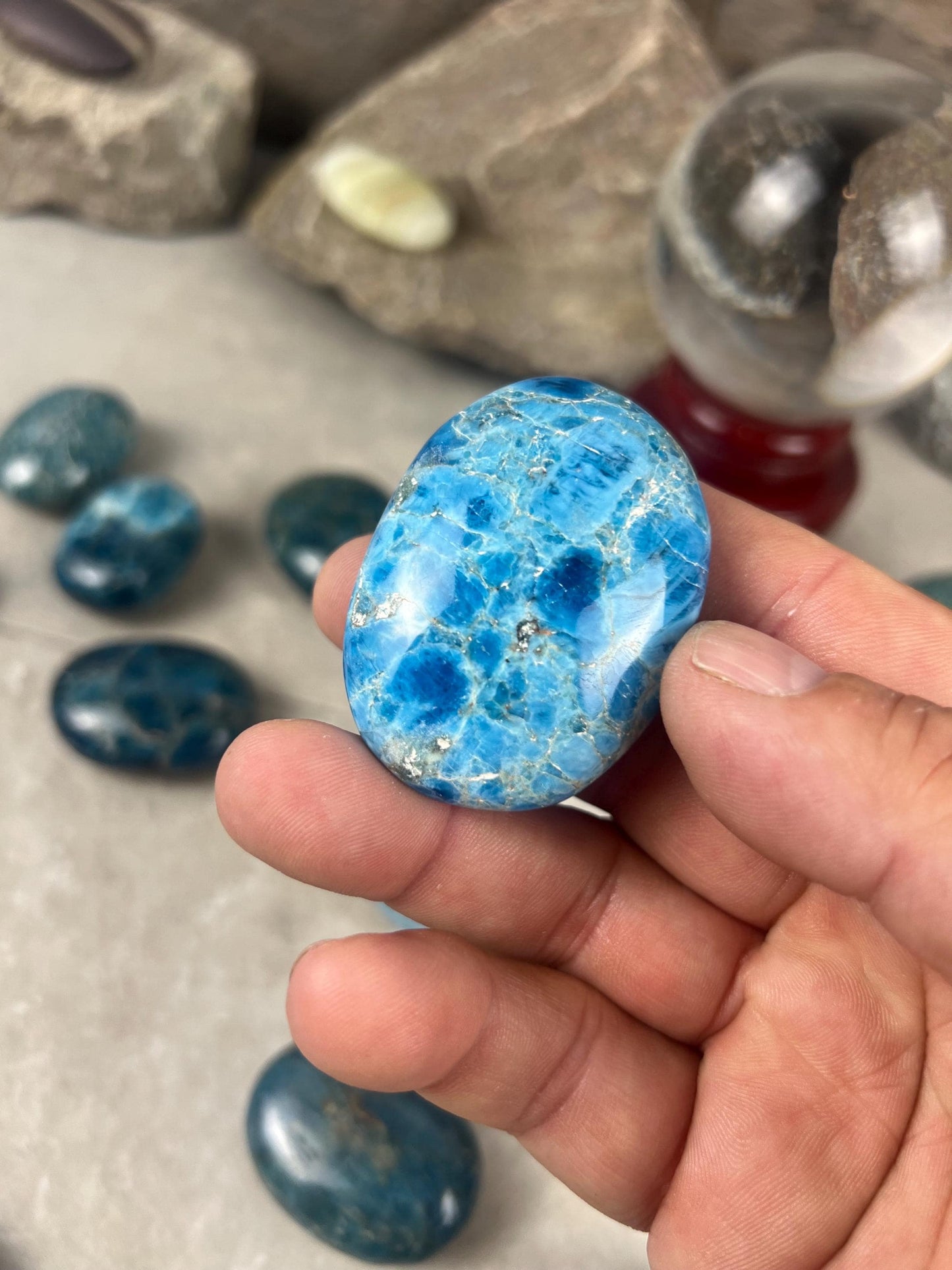 Antsirabe Madagascan Blue Apatite Palm Stone Polished Worry Stone, Pocket Crystal Christmas Birthday Gift Pocket Stone