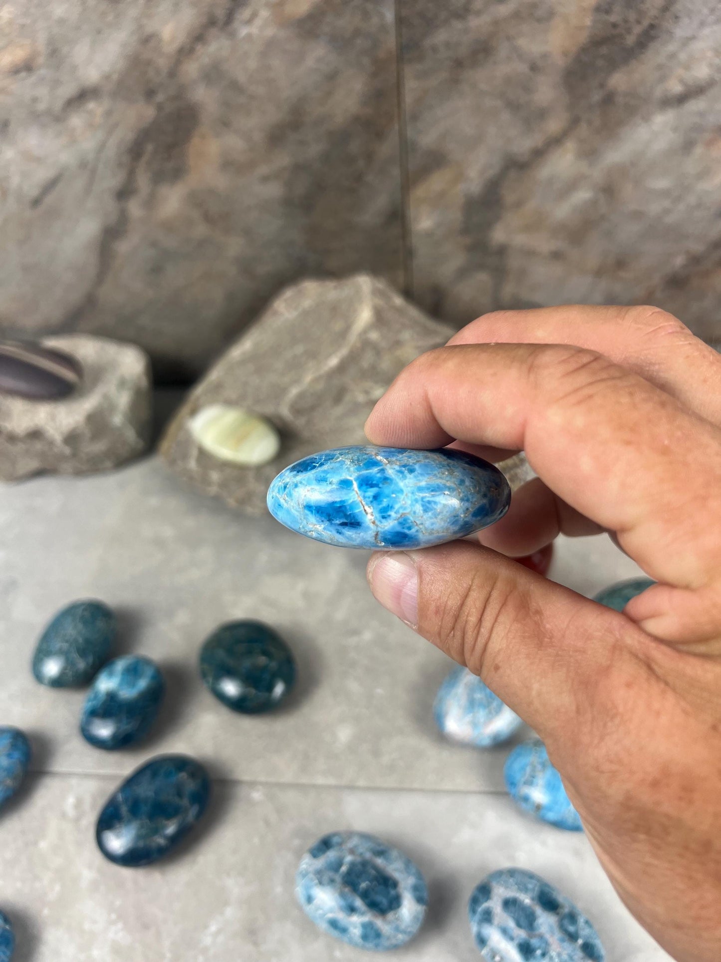 Antsirabe Madagascan Blue Apatite Palm Stone Polished Worry Stone, Pocket Crystal Christmas Birthday Gift Pocket Stone