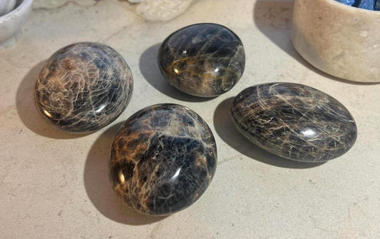 Black Moonstone Natural Full Sized Palm Stone Smooth Polished Carved Crystal for Home Decor Birthday Christmas Xmas Gift Pocket Anxiety