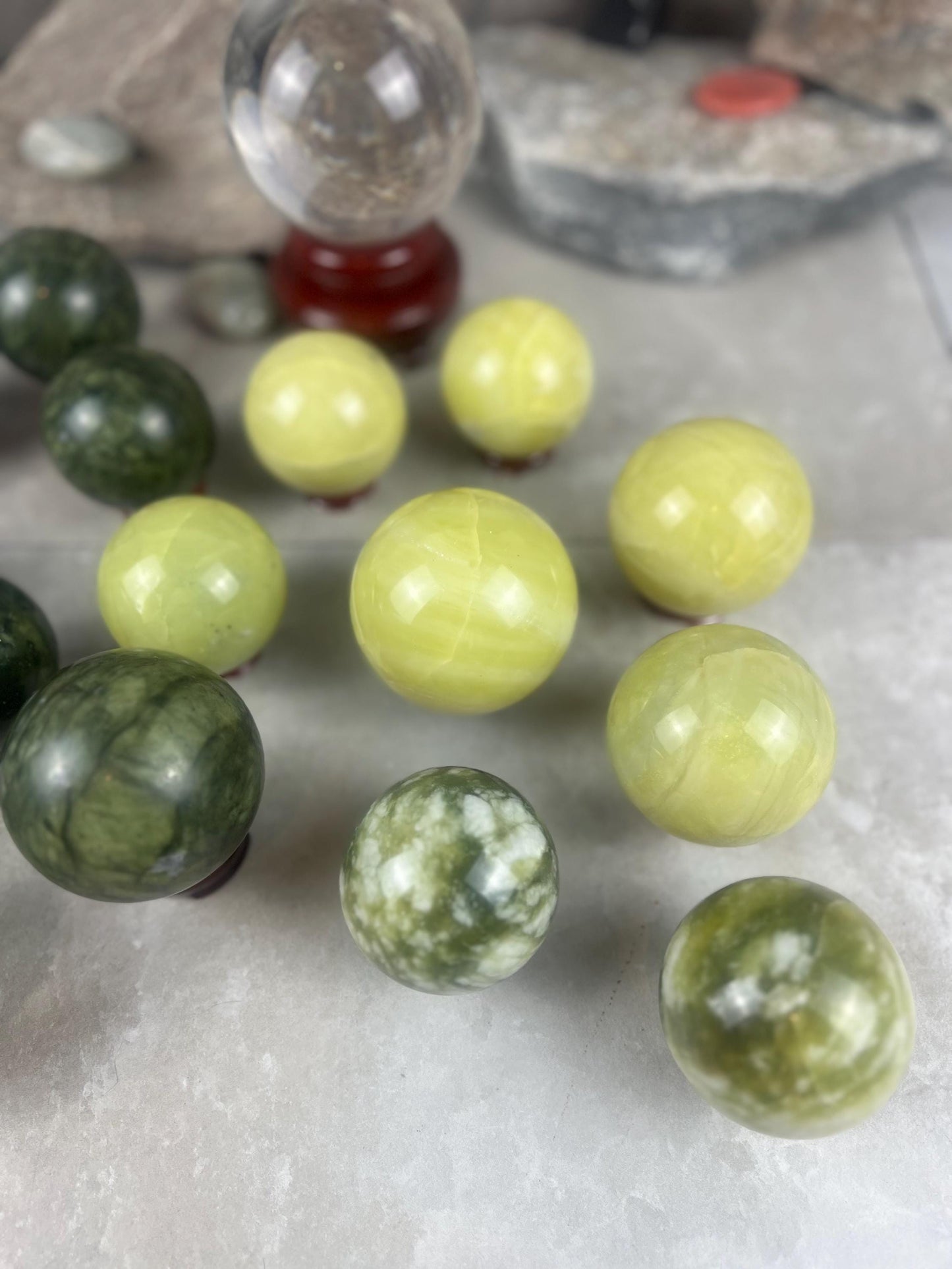 Nephrite, Imperial, and Lemon Jade Spheres: Reflective Home Decor