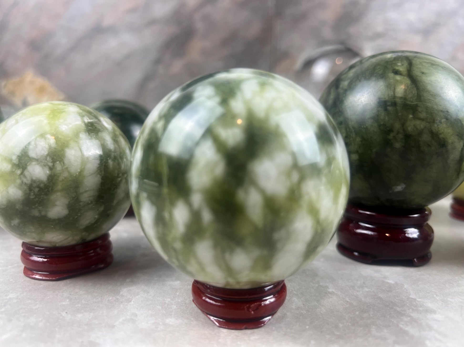 Nephrite, Imperial, and Lemon Jade Spheres: Reflective Home Decor