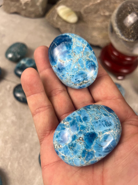 Antsirabe Madagascan Blue Apatite Palm Stone Polished Worry Stone, Pocket Crystal Christmas Birthday Gift Pocket Stone