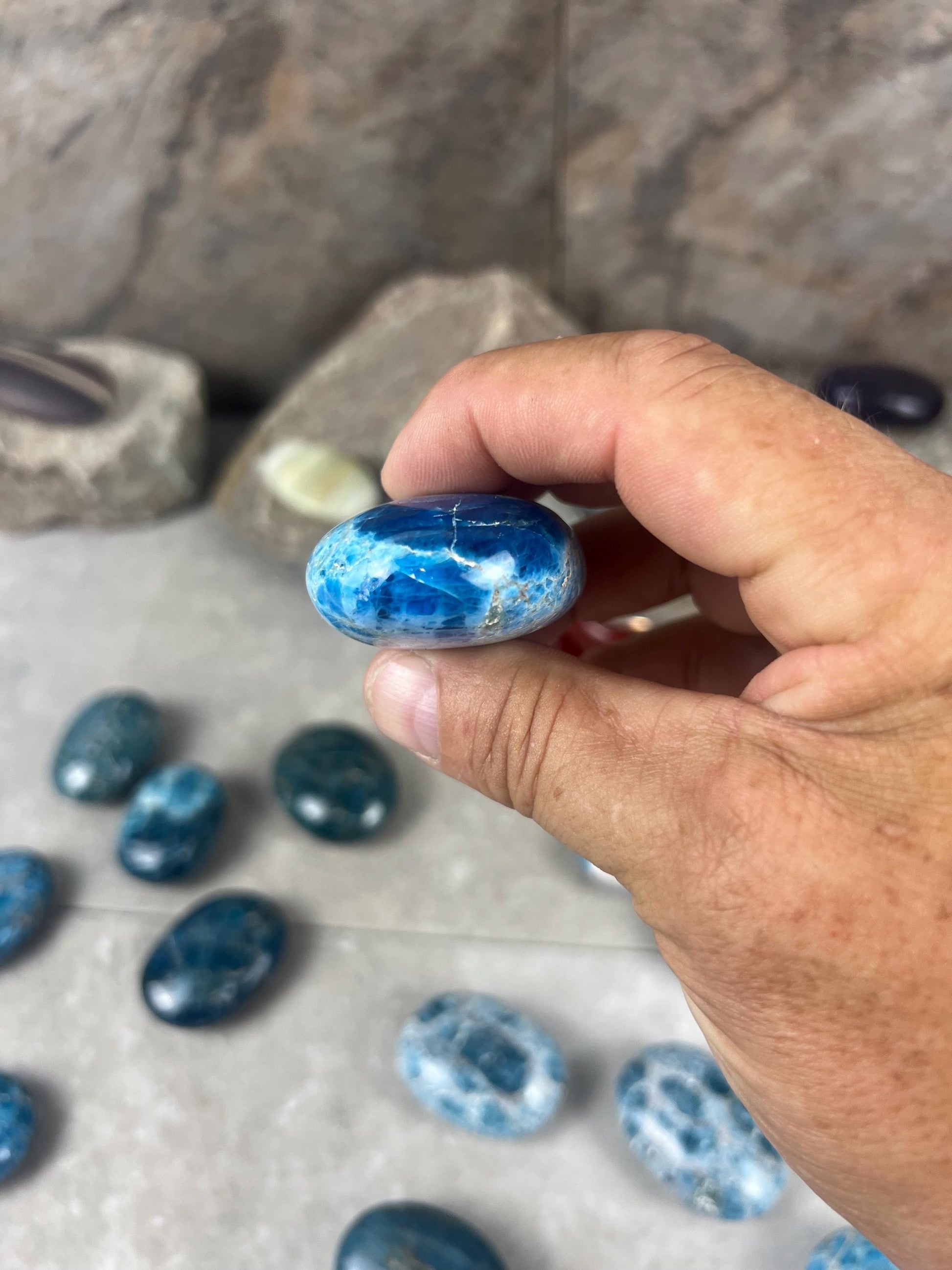 Antsirabe Madagascan Blue Apatite Palm Stone Polished Worry Stone, Pocket Crystal Christmas Birthday Gift Pocket Stone