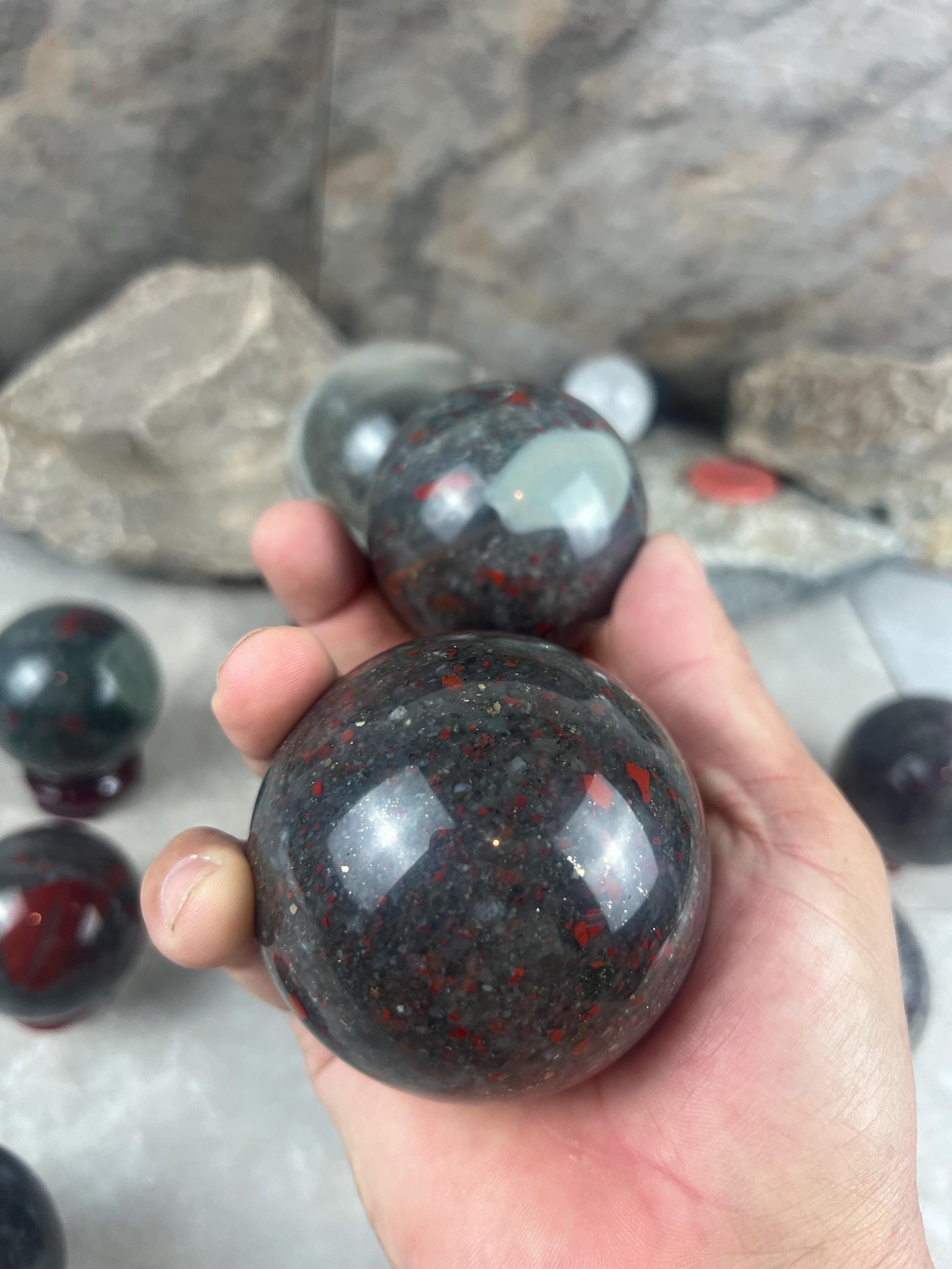 Dragons Blood and Bloodstone highly polished Spheres Reflective Home Decor, Focus Aid