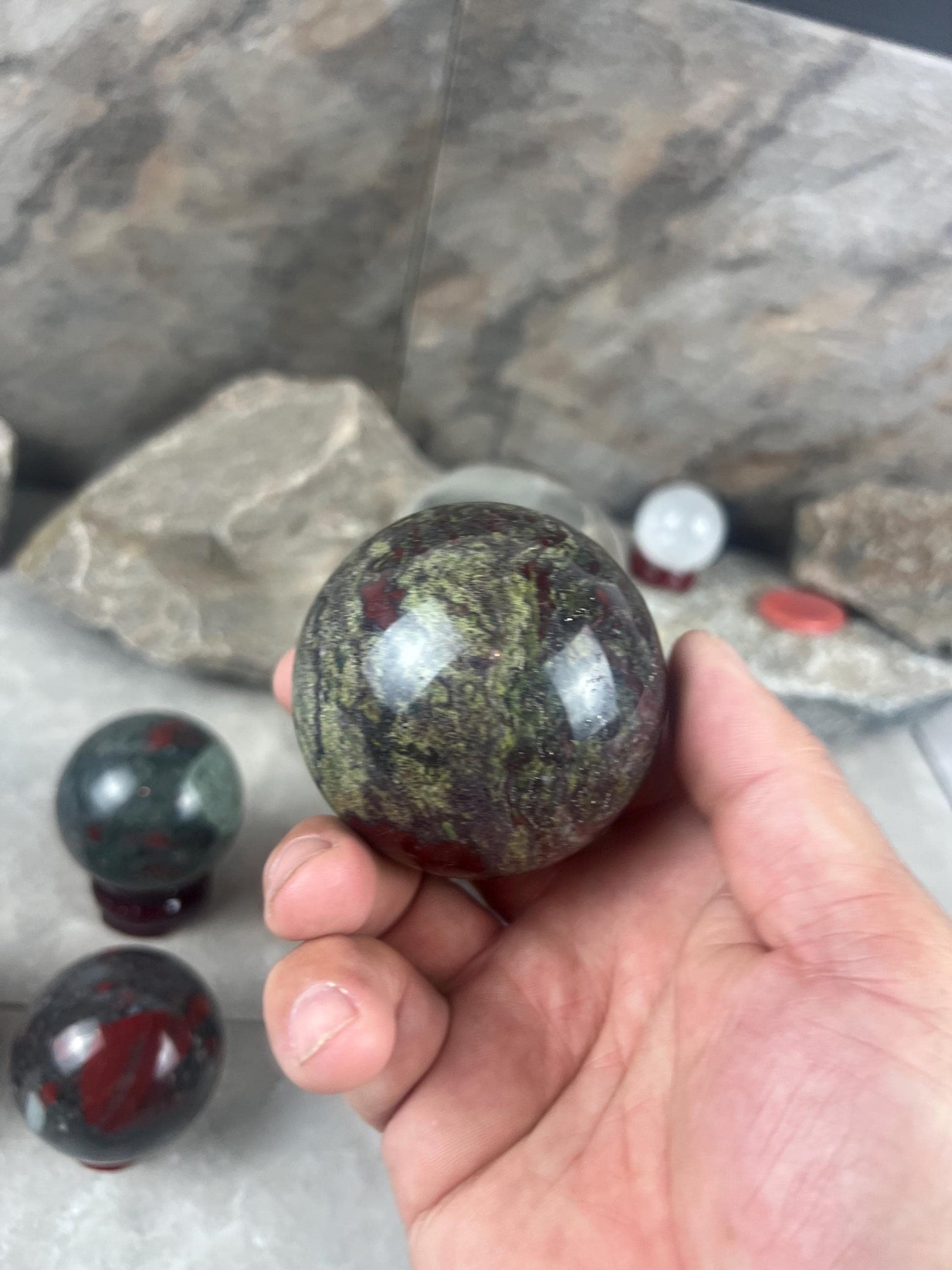 Dragons Blood and Bloodstone highly polished Spheres Reflective Home Decor, Focus Aid