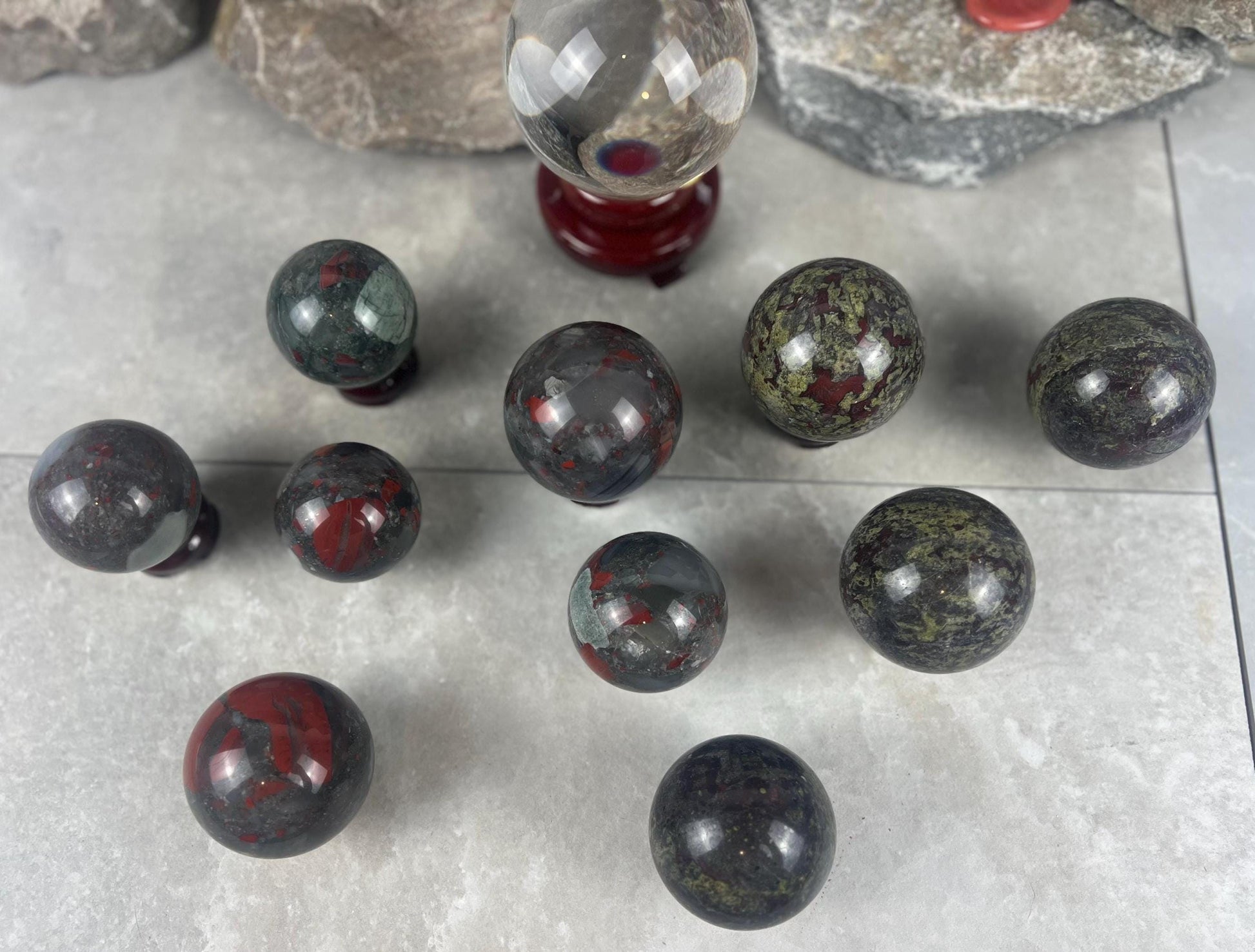 Dragons Blood and Bloodstone highly polished Spheres Reflective Home Decor, Focus Aid