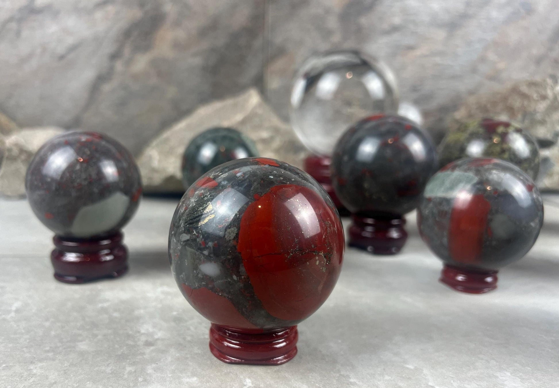 Dragons Blood and Bloodstone highly polished Spheres Reflective Home Decor, Focus Aid