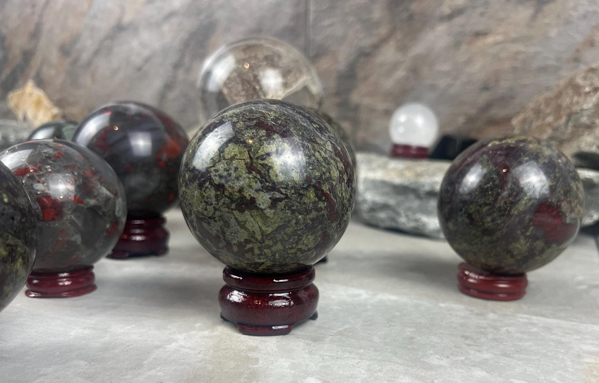 Dragons Blood and Bloodstone highly polished Spheres Reflective Home Decor, Focus Aid