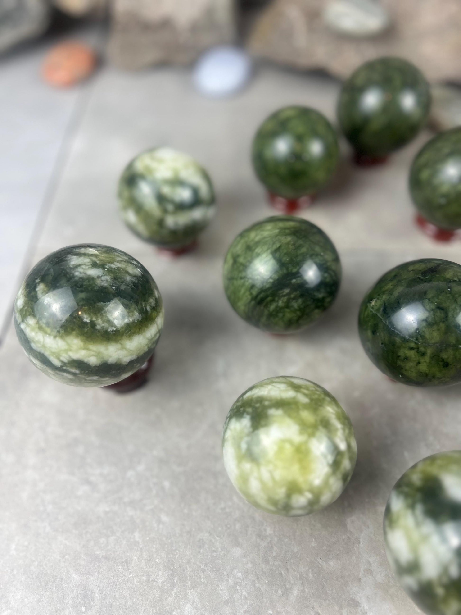 Nephrite, Imperial, and Lemon Jade Spheres: Reflective Home Decor