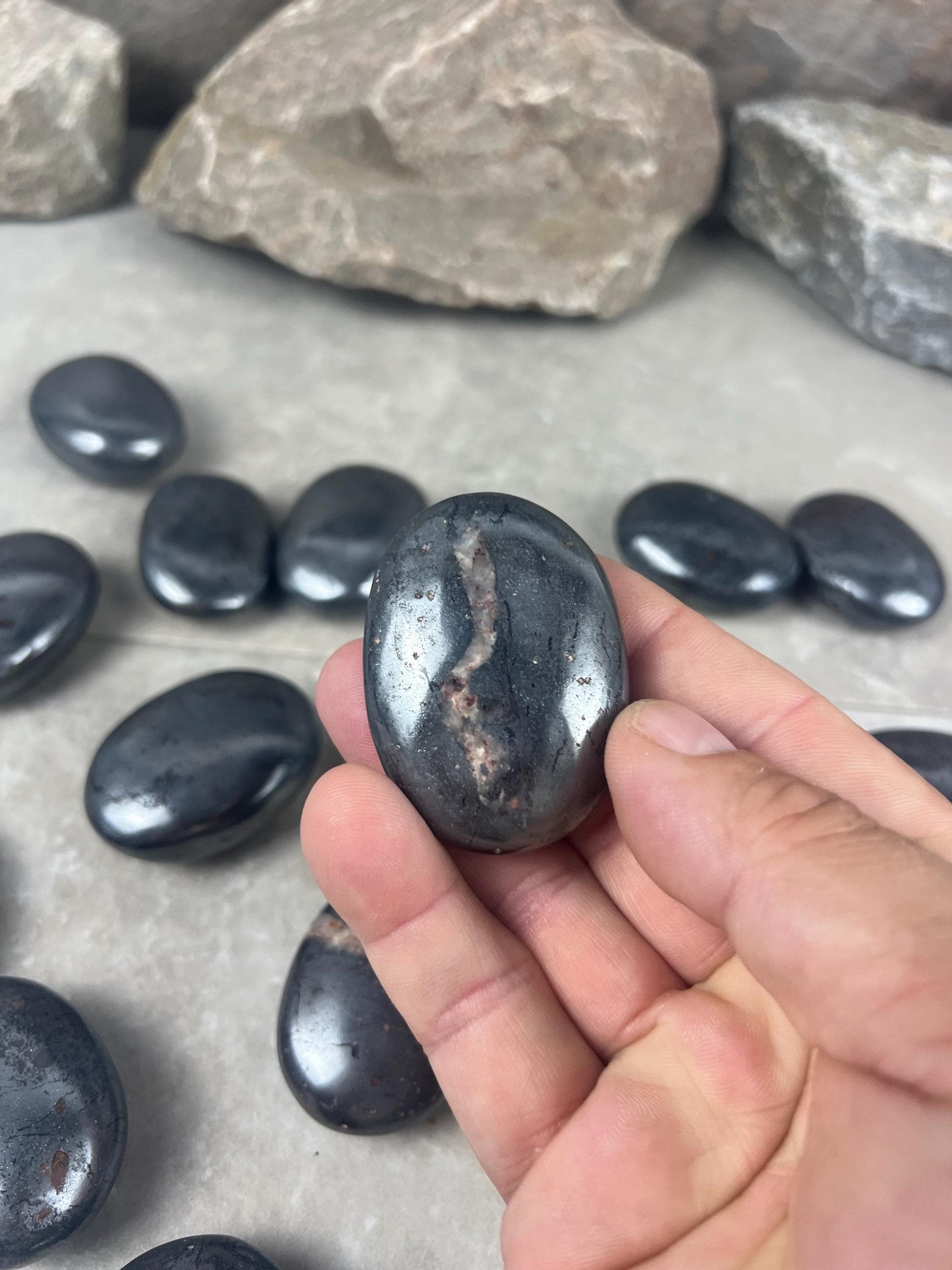 Egyptian Polished Hematite Palm Stone: Anxiety Worry Meditation Decor