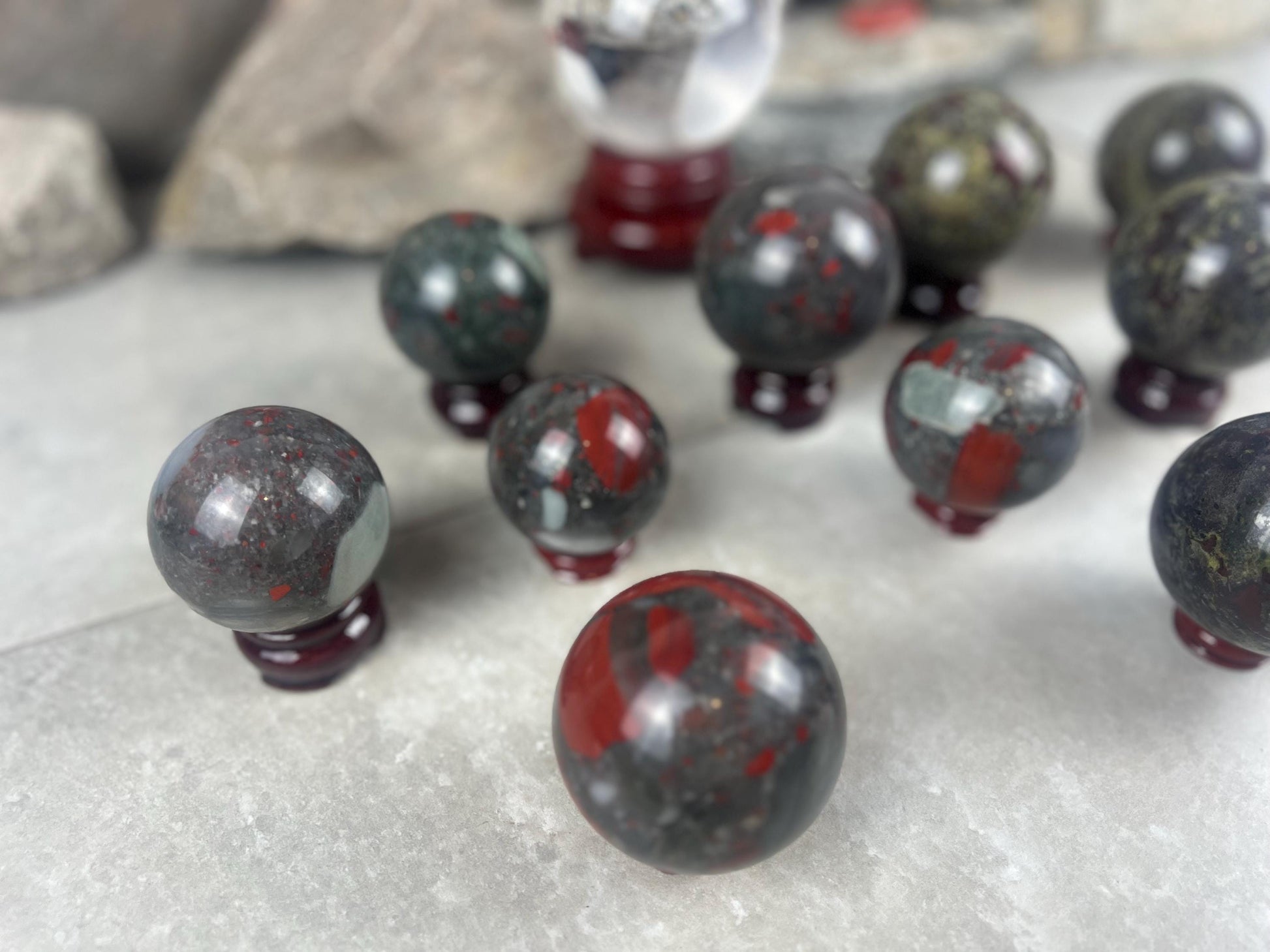Dragons Blood and Bloodstone highly polished Spheres Reflective Home Decor, Focus Aid