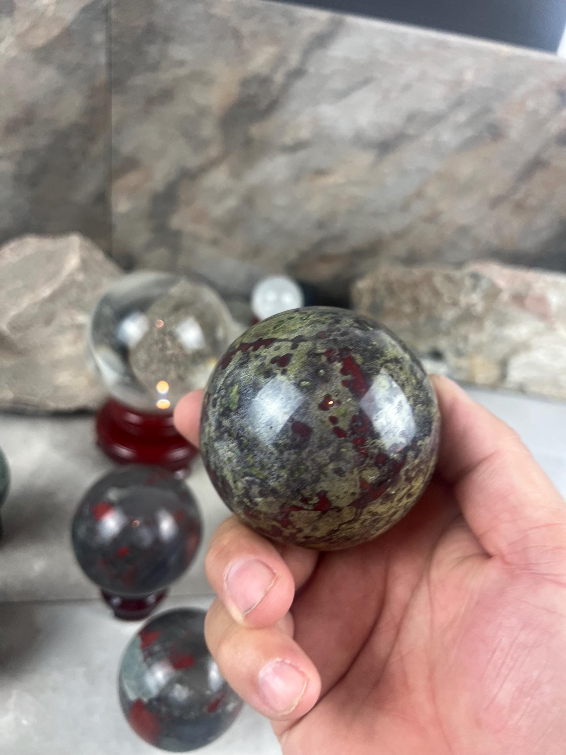 Dragons Blood and Bloodstone highly polished Spheres Reflective Home Decor, Focus Aid