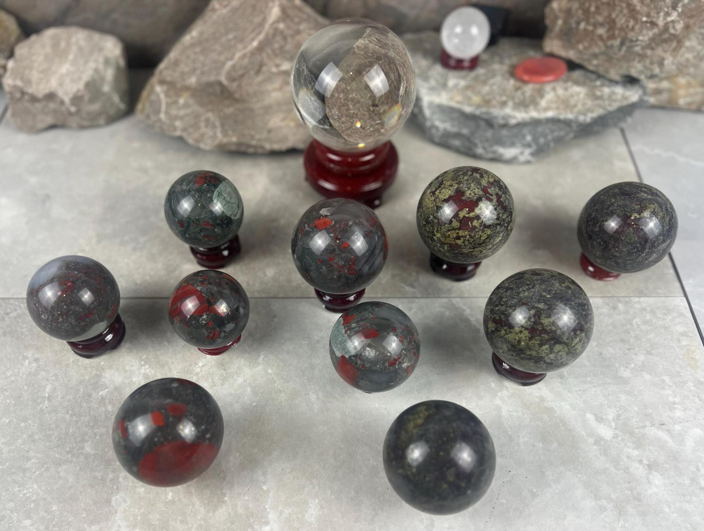 Dragons Blood and Bloodstone highly polished Spheres Reflective Home Decor, Focus Aid