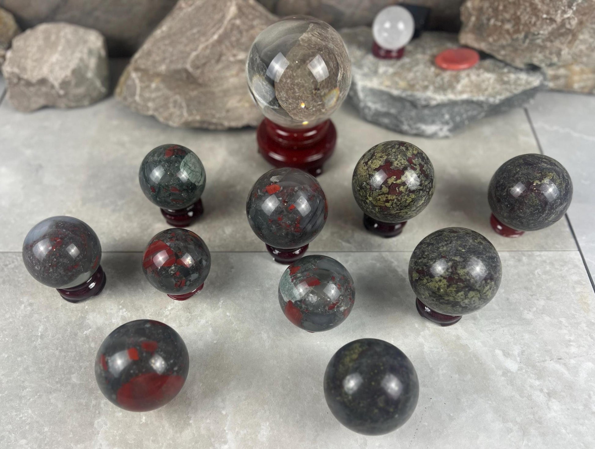 Dragons Blood and Bloodstone highly polished Spheres Reflective Home Decor, Focus Aid