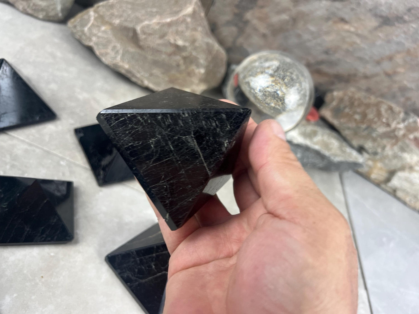 Namibia Black Tourmaline Natural Pyramid Smooth Polished Carved Crystal Worry Anxiety Distraction Meditation Christmas Xmas Gift Decor Focus