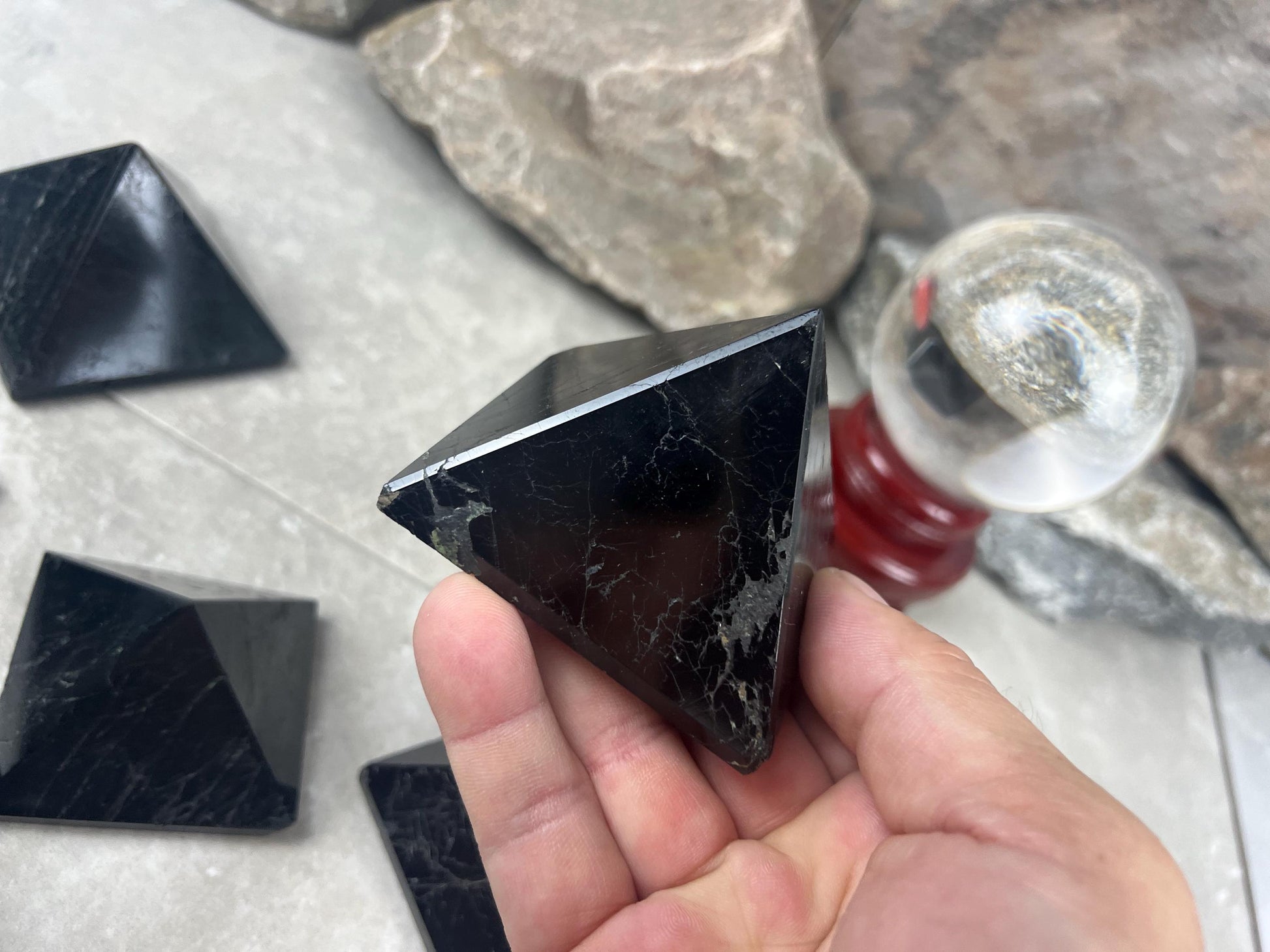 Namibia Black Tourmaline Natural Pyramid Smooth Polished Carved Crystal Worry Anxiety Distraction Meditation Christmas Xmas Gift Decor Focus