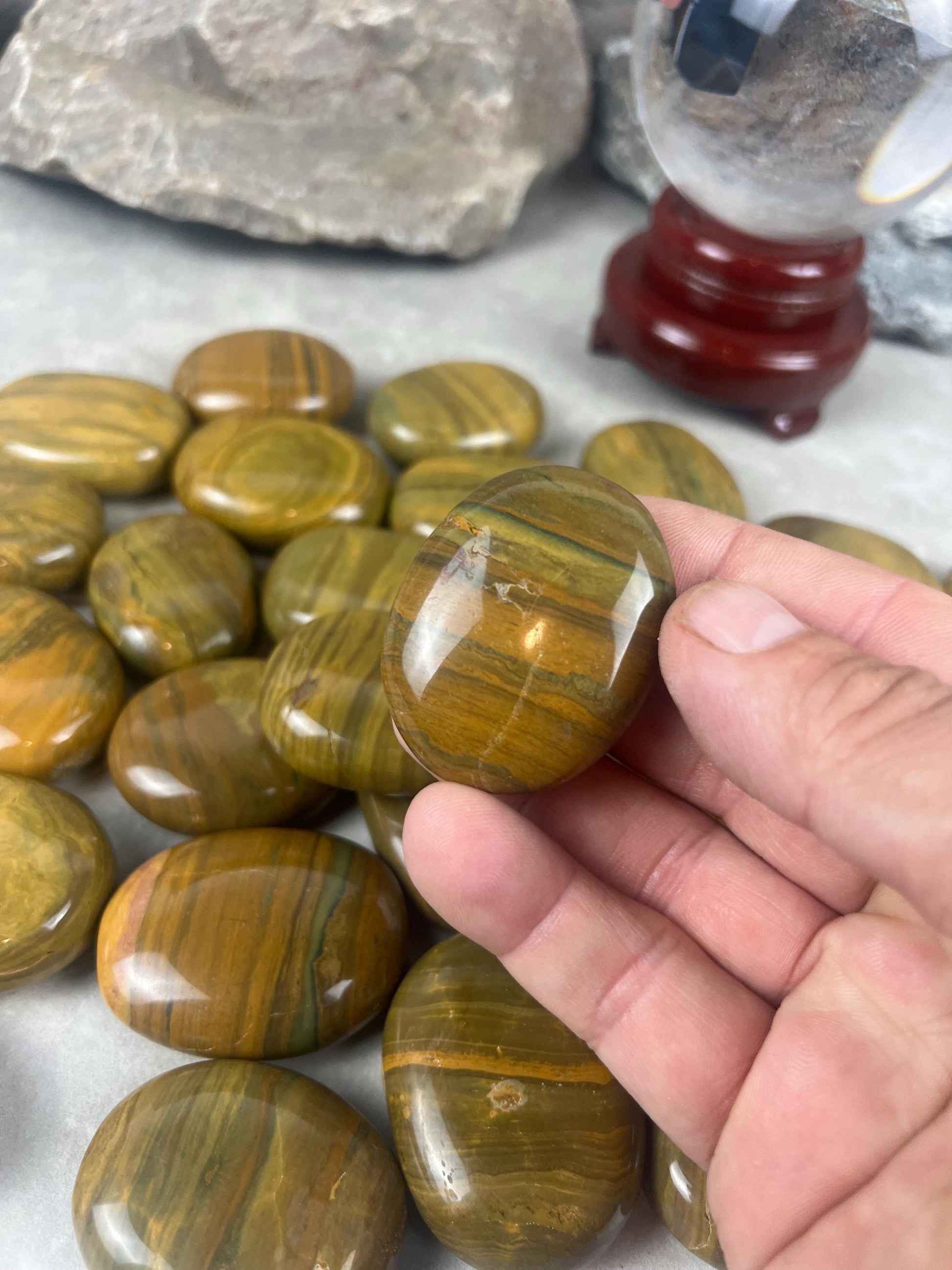 Madagascan Yellow Banded Ocean Jasper Palm Stone: Polished Worry Stone