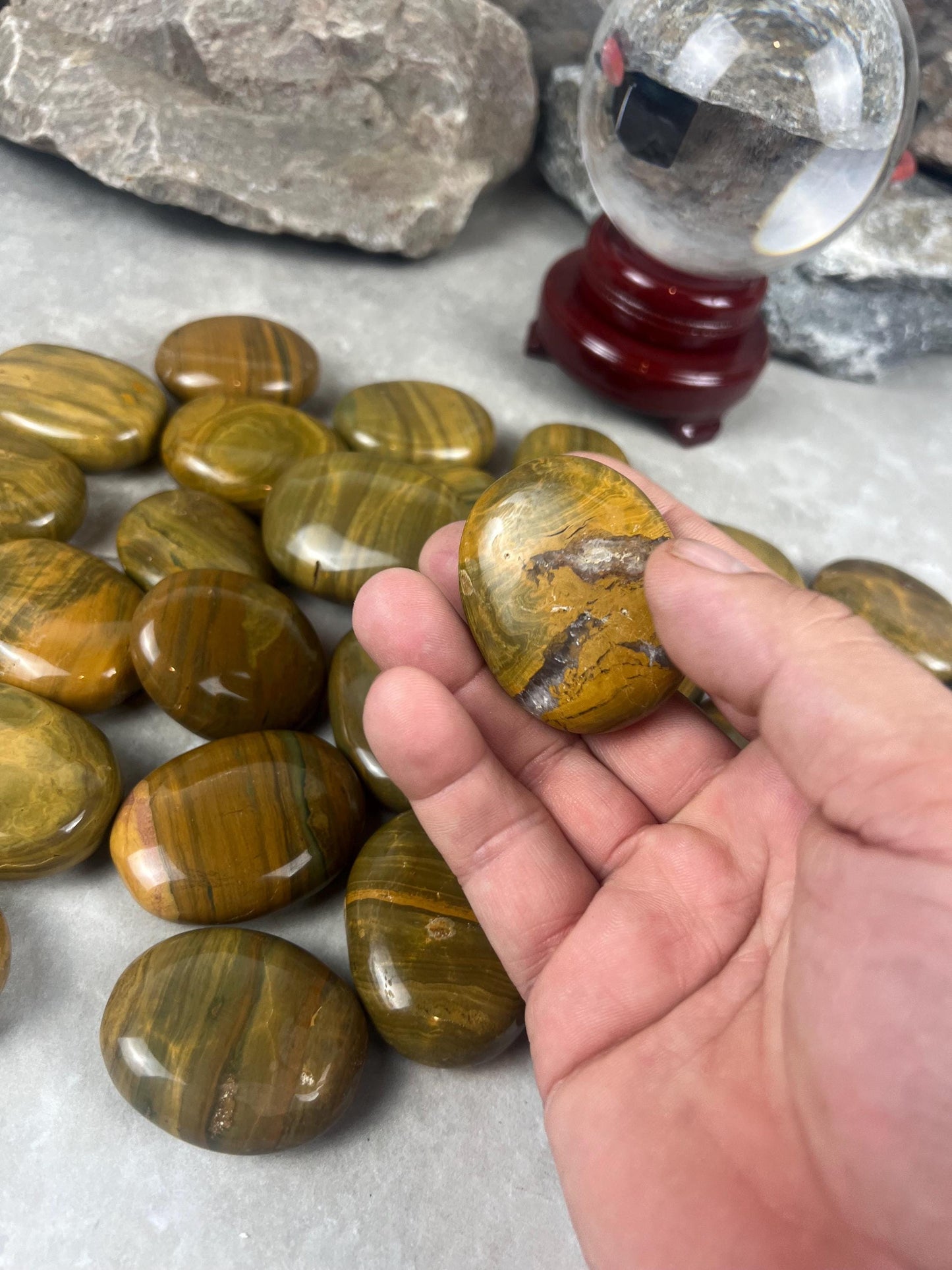 Madagascan Yellow Banded Ocean Jasper Palm Stone: Polished Worry Stone