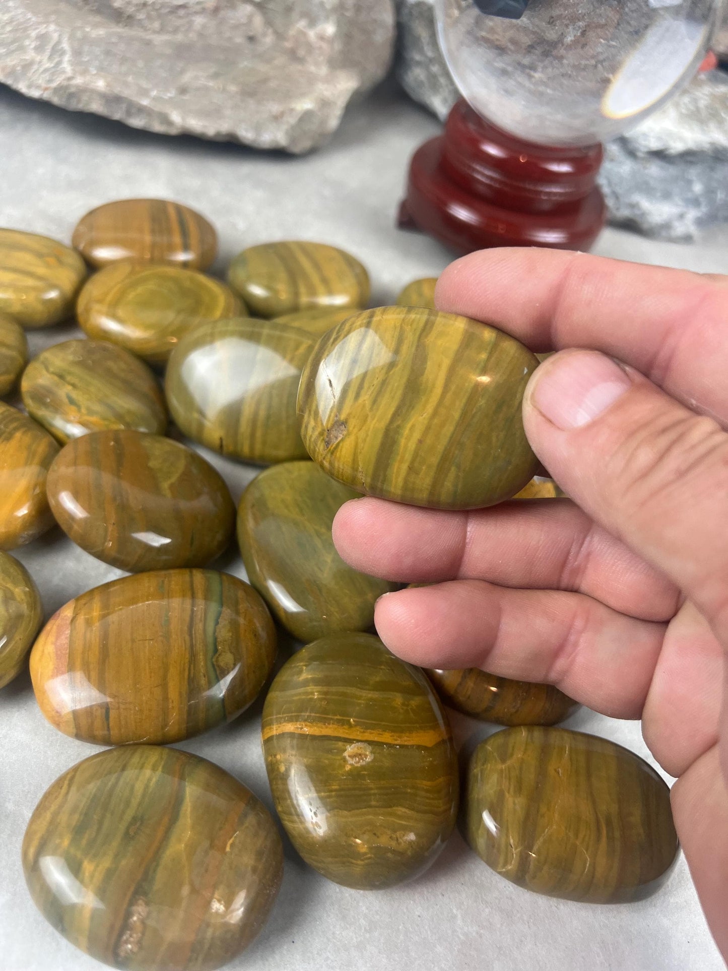 Madagascan Yellow Banded Ocean Jasper Palm Stone: Polished Worry Stone Home Decor Worry Pocket Stress Anxiety Palm Stone