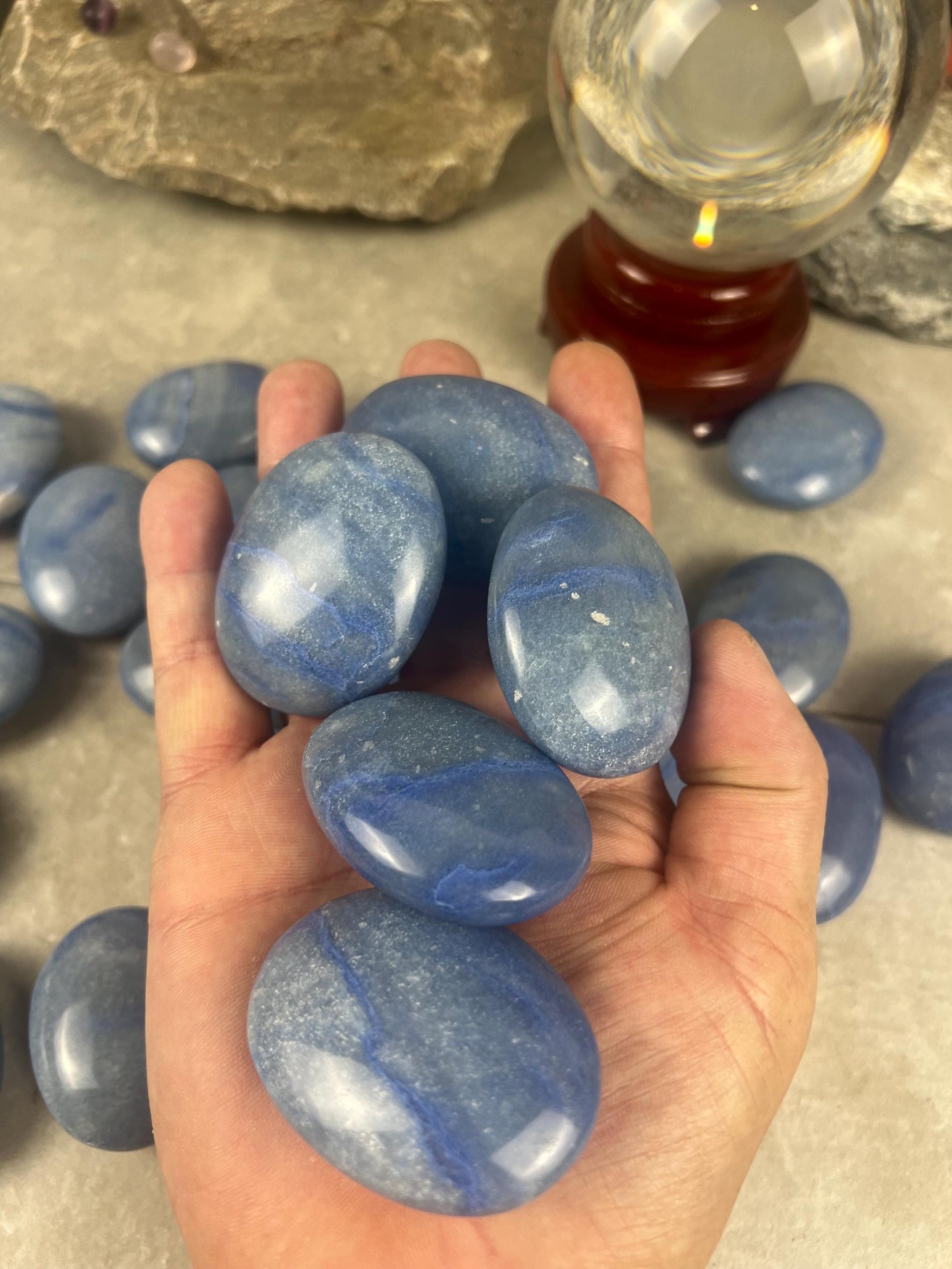 Blue Dumortierite Palm Stone Carved Crystal for Stress Relief Worry Crystal Gift Birthday Christmas