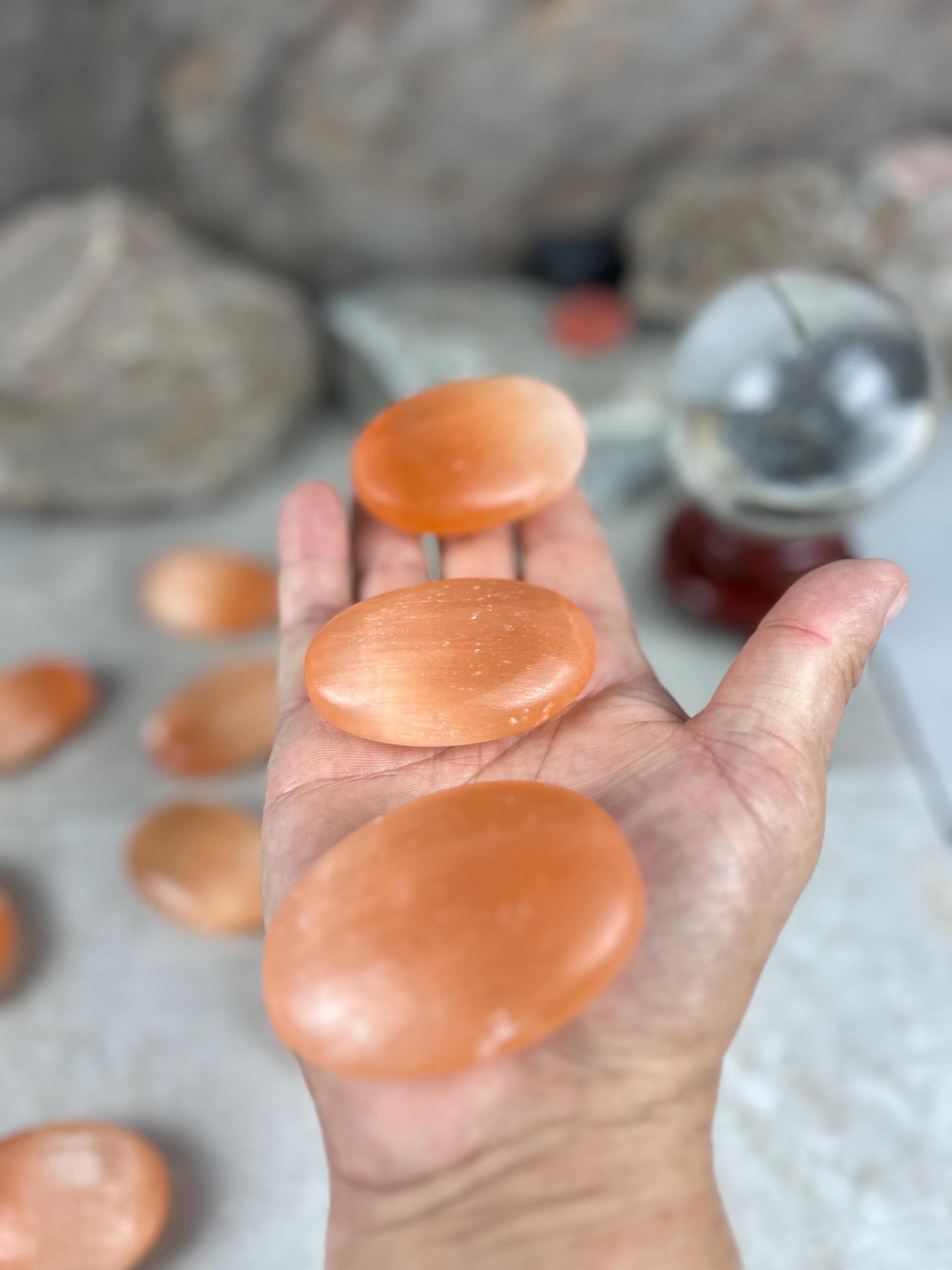 Turkish Mandarin Orange Selenite Palm Stone: Natural Crystal for Anxiety Relief