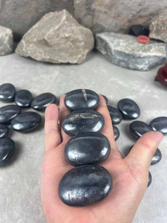 Egyptian Polished Hematite Palm Stone: Anxiety Worry Meditation Decor