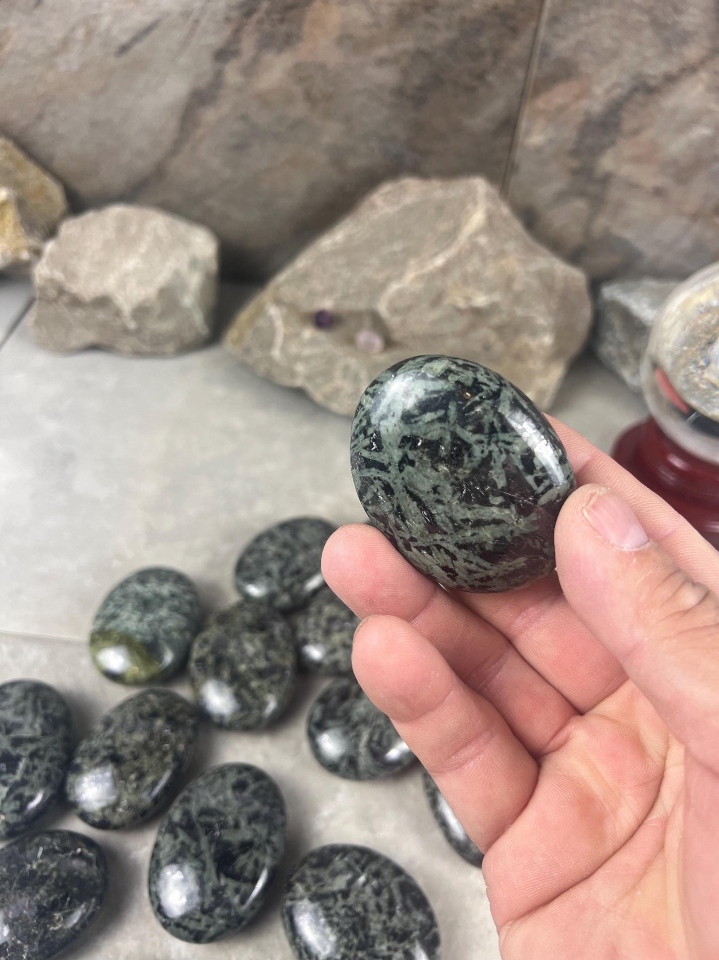 Madagascan Kambaba Jasper Chlorite Crocodile Palm Stone: Polished Worry Stone, Meditation Decor