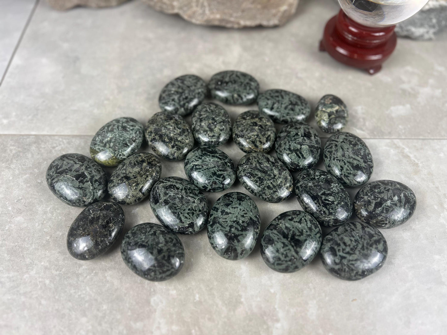 Madagascan Chlorite Kambaba Jasper Crocodile Palm Stone: Polished Worry Stone, Meditation Decor